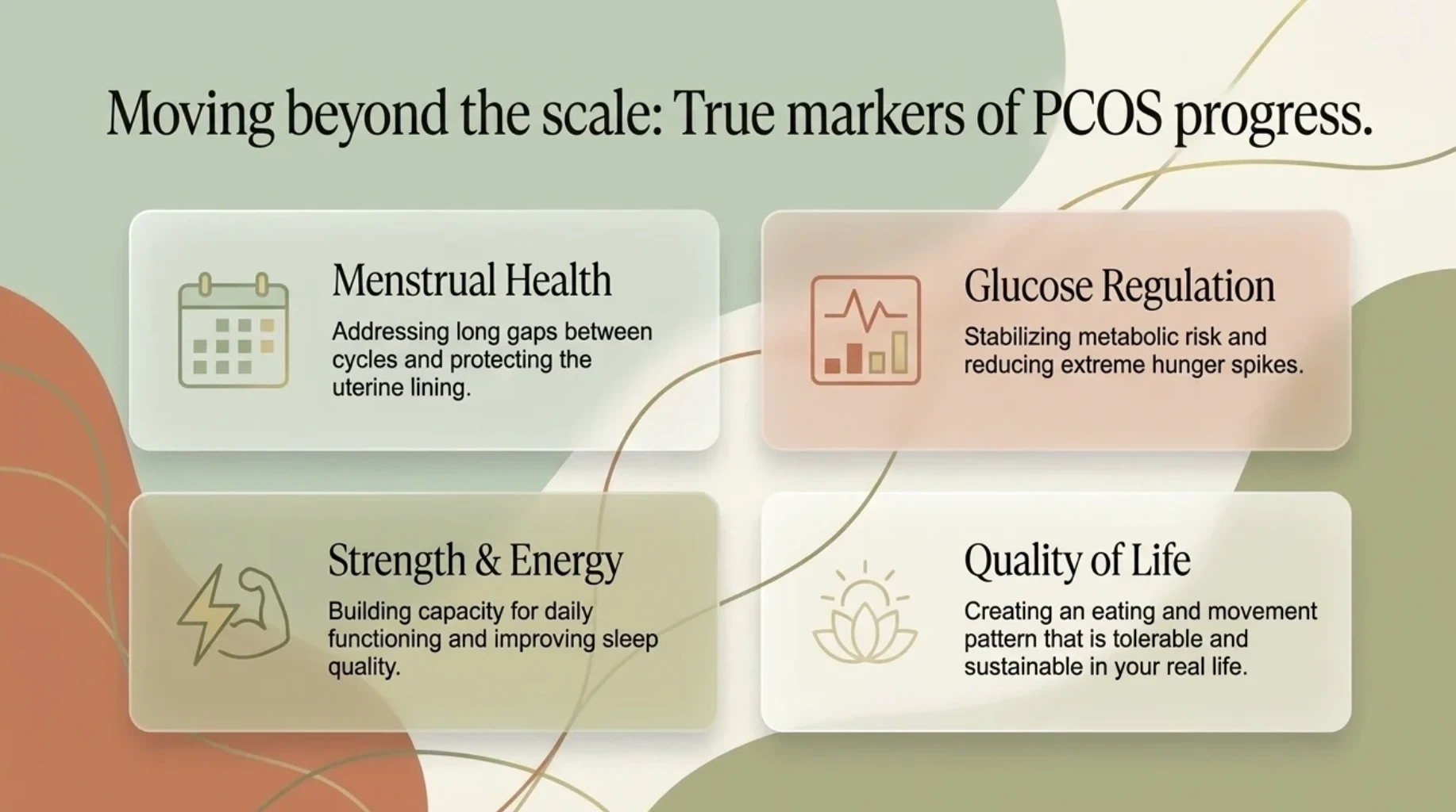 Four important indicators of PCOS treatment progress beyond body weight, including menstrual health, blood glucose regulation, physical strength, energy levels and quality of life
