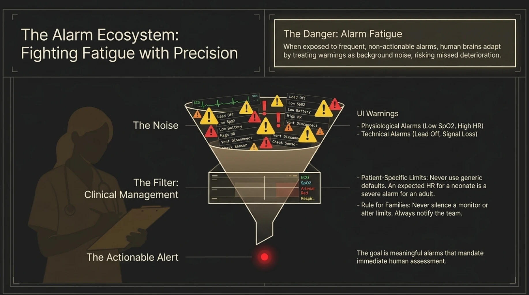 Patient monitor alarm management illustrating alarm fatigue, false alerts, physiological warnings and the importance of patient-specific alarm limits for clinical safety