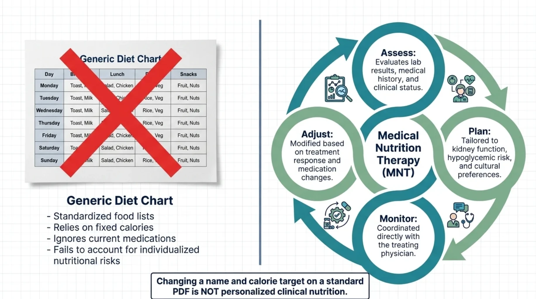 Comparison of a generic calorie-based diet chart with individualized medical nutrition therapy involving clinical assessment, personalized meal planning, monitoring and treatment adjustments