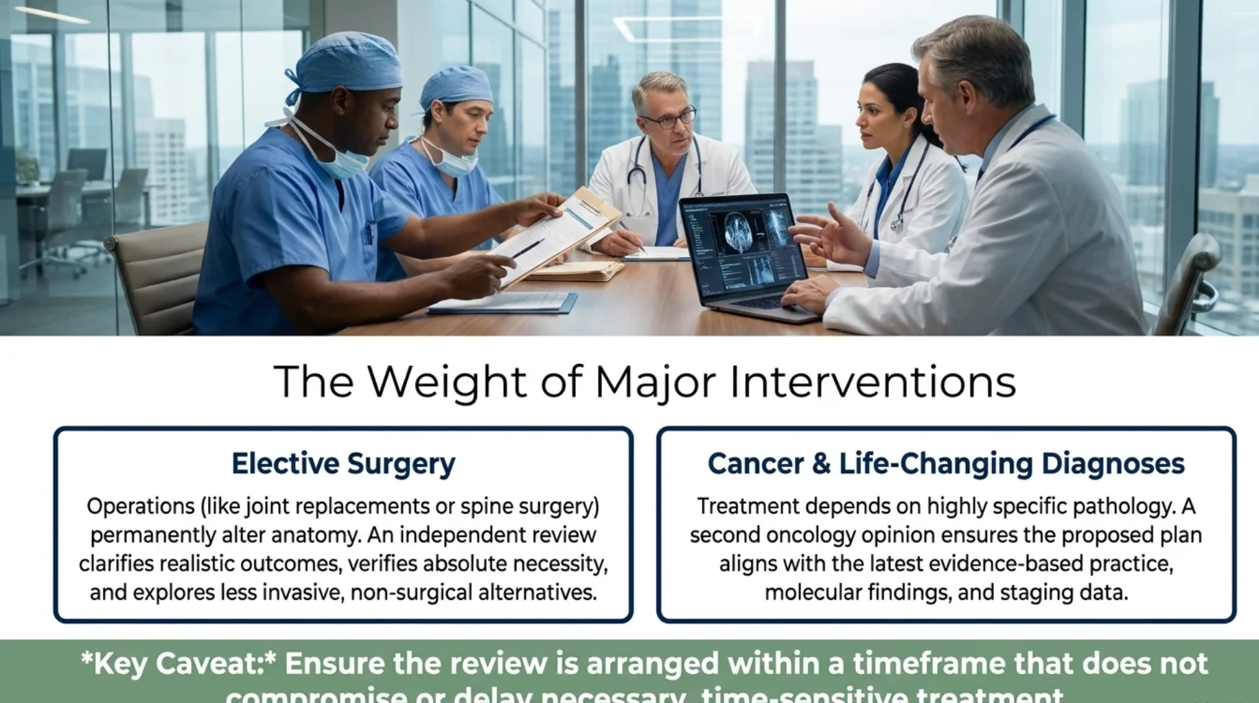 Multidisciplinary medical team reviewing diagnostic scans and treatment plans, illustrating when a second opinion may help before elective surgery, cancer treatment or other major medical interventions
