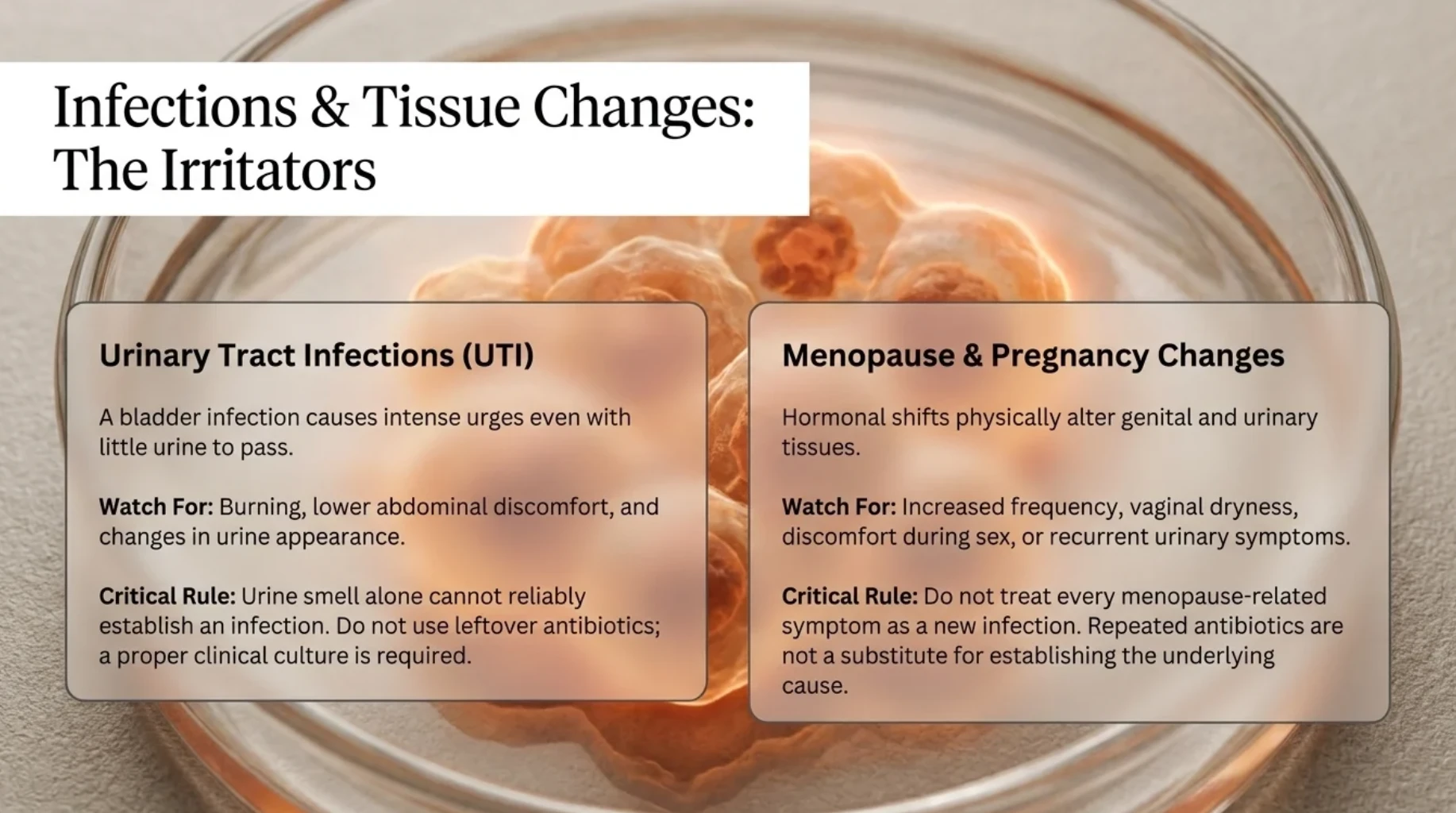 Infographic explaining urinary tract infections, menopause-related tissue changes and pregnancy-related changes as possible causes of frequent urination, urgency and urinary discomfort