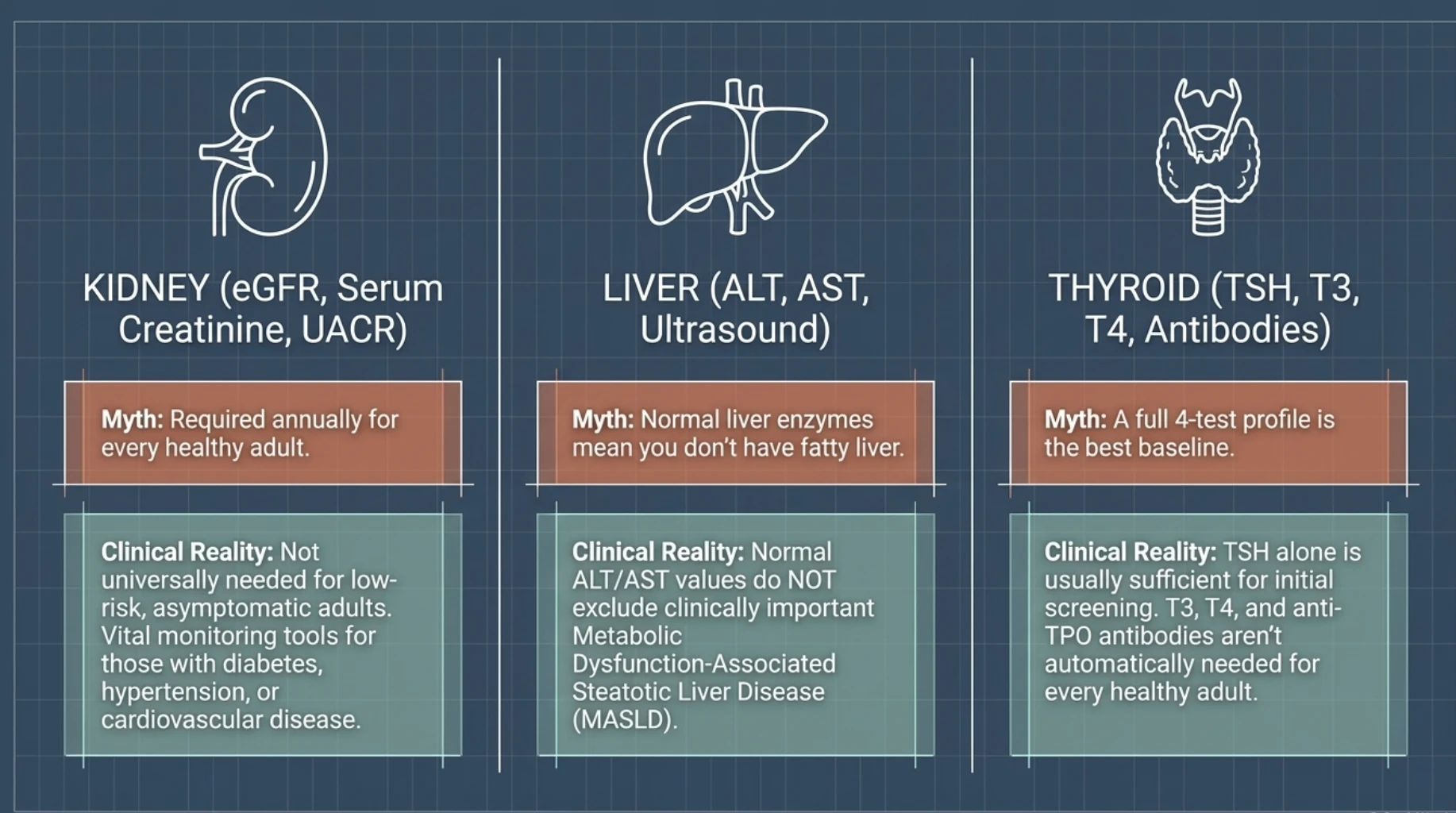 Comparison of kidney function, liver function and thyroid tests in preventive health checkups, explaining when creatinine, eGFR, urine albumin, ALT, AST and TSH testing may be clinically appropriate