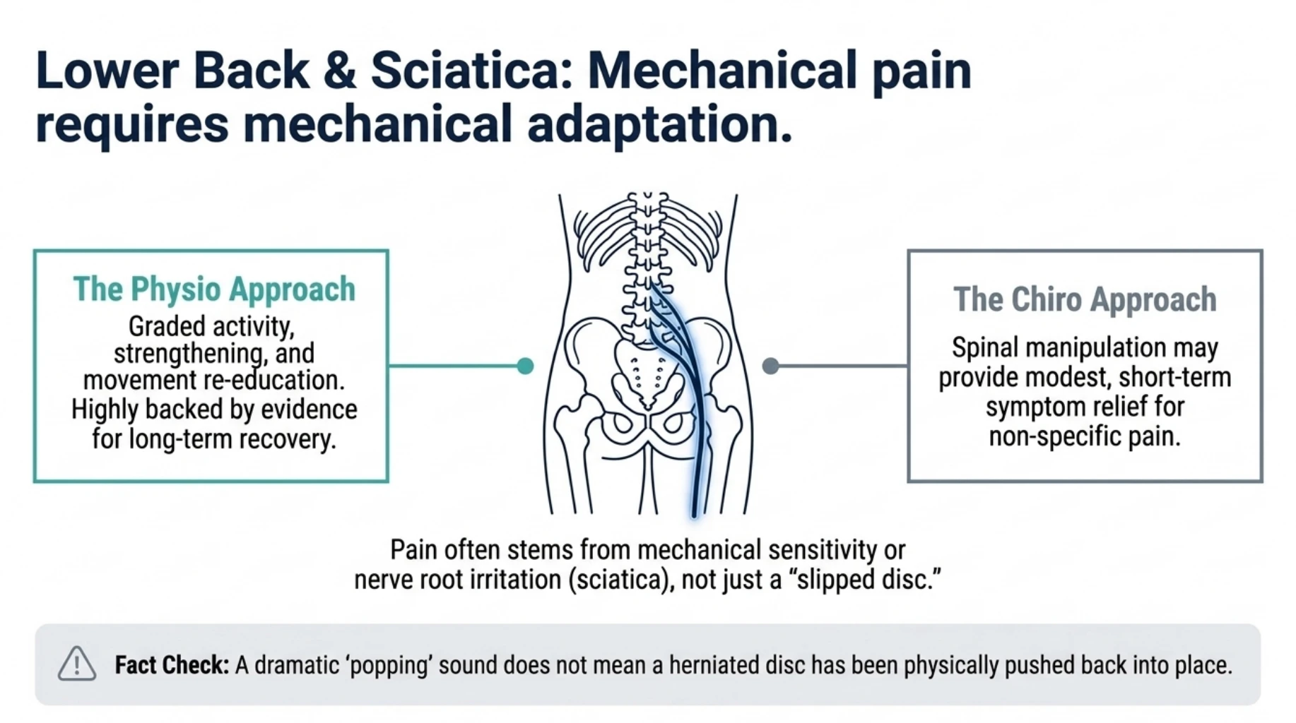 Comparison of physiotherapy and chiropractic approaches for lower back pain and sciatica, including strengthening, graded activity, movement rehabilitation and short-term spinal manipulation