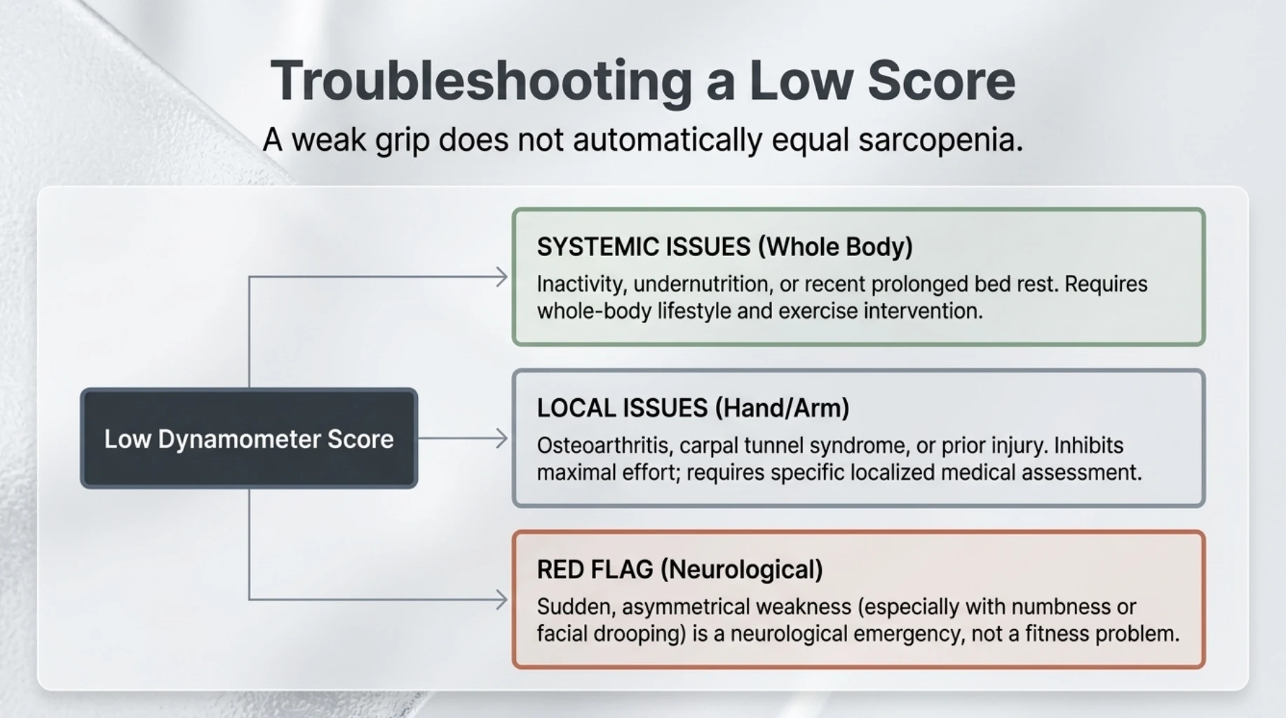 Low grip strength can result from whole-body deconditioning, undernutrition, hand or arm problems and neurological conditions and does not by itself diagnose sarcopenia