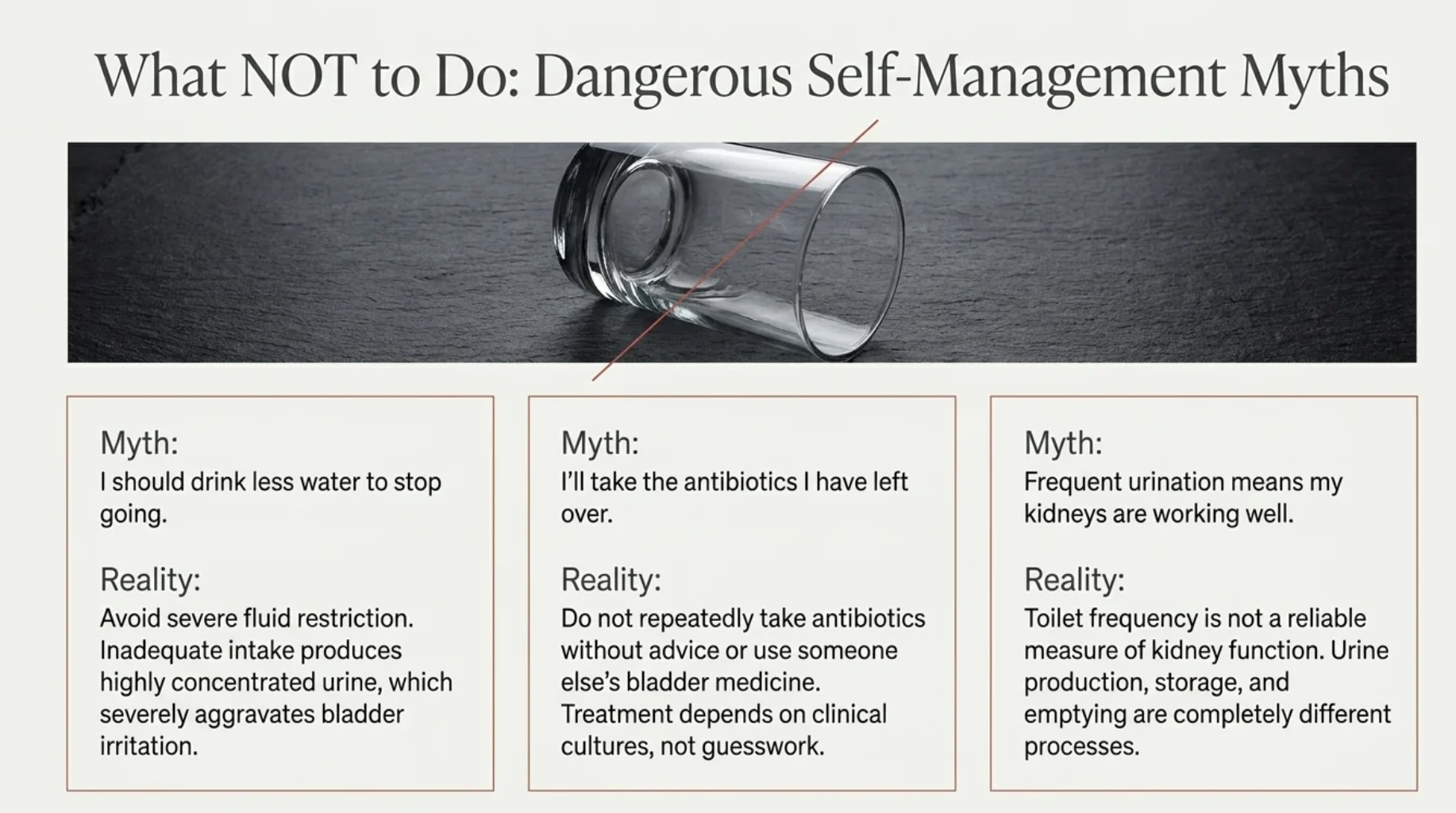 Three common myths about frequent urination involving excessive water restriction, self-medication with leftover antibiotics and assuming frequent urination always indicates healthy kidney function