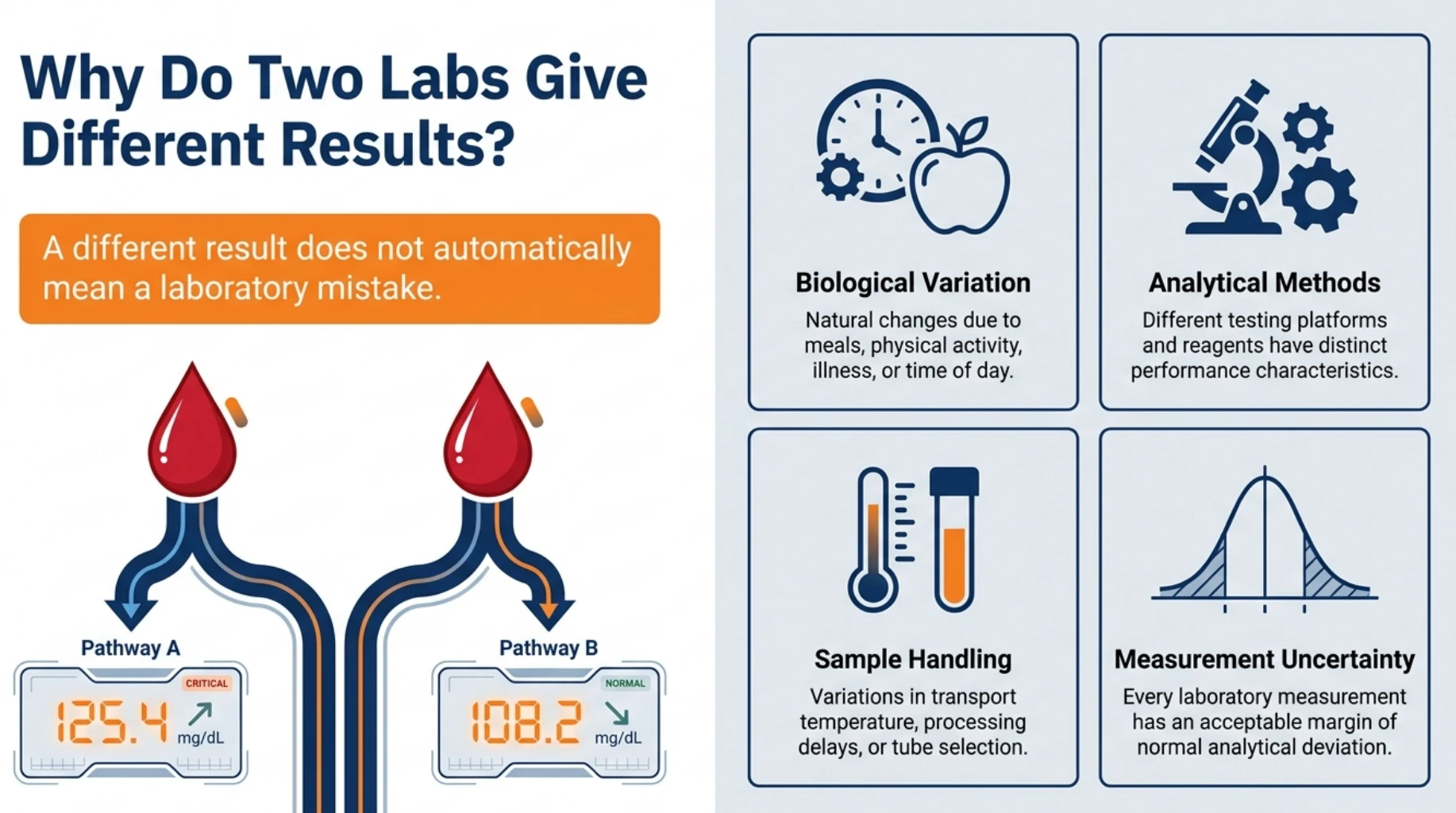 Infographic explaining why two pathology laboratories may report different test results due to biological variation, analytical methods, sample handling and measurement uncertainty