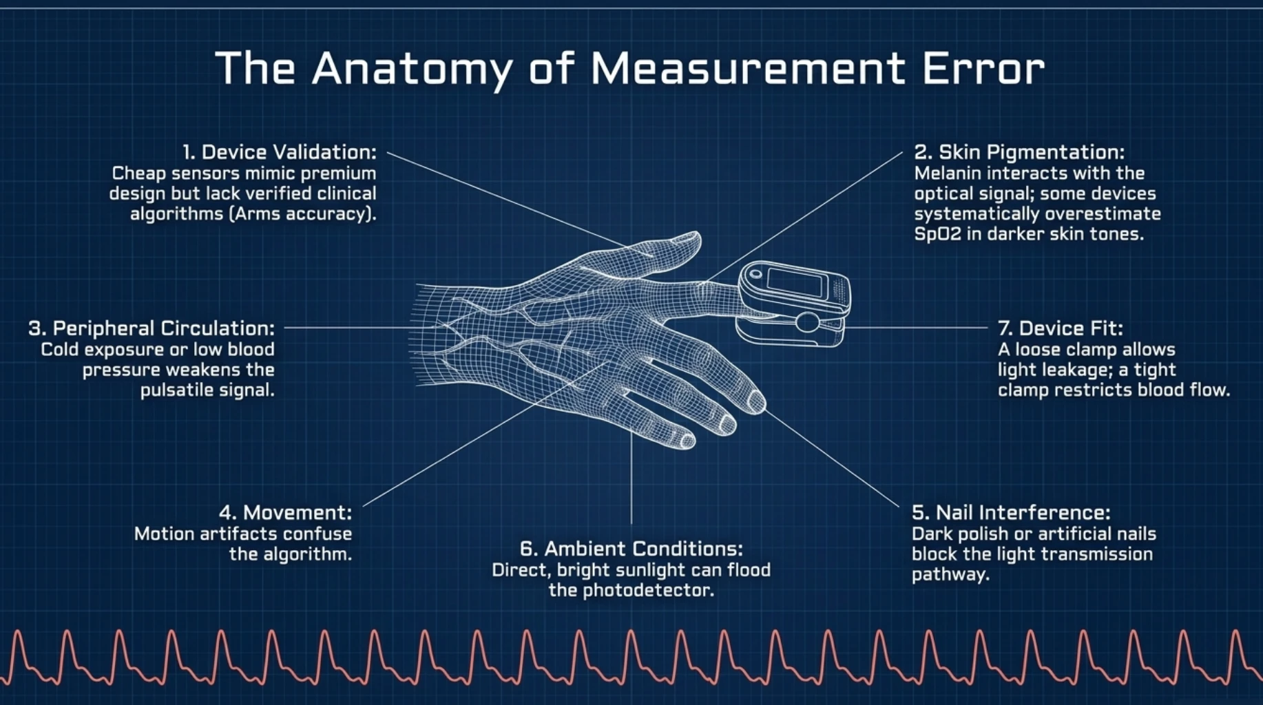 Seven factors affecting pulse oximeter accuracy including device validation, skin pigmentation, poor circulation, movement, nail polish, ambient light and incorrect sensor fit