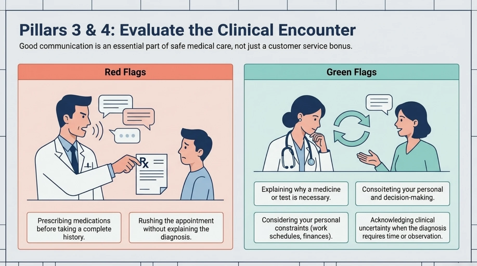 Comparison of good and poor general physician consultation practices, including medical history assessment, clear explanations, shared decision-making and avoiding unnecessary prescriptions