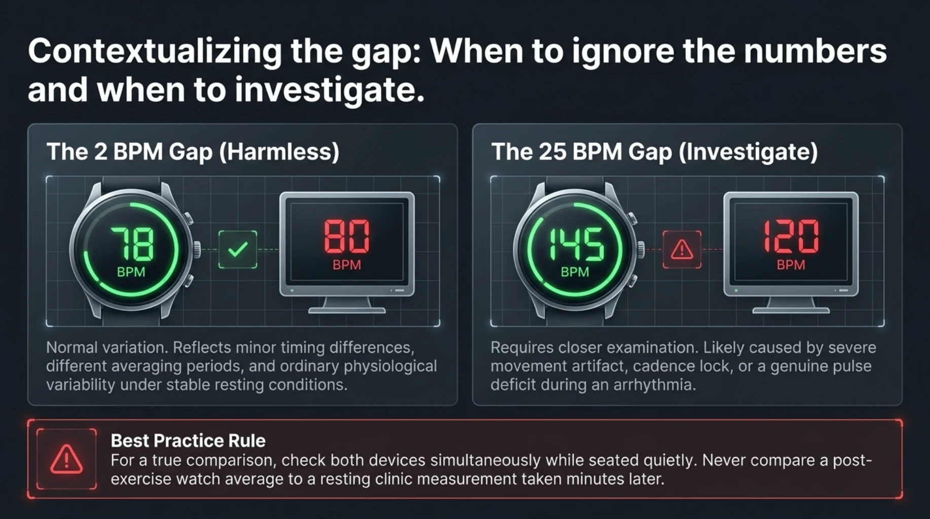 Comparison of smartwatch and ECG heart rate readings showing a small 2 BPM difference versus a larger 25 BPM difference that may require investigation for movement artefacts or arrhythmias