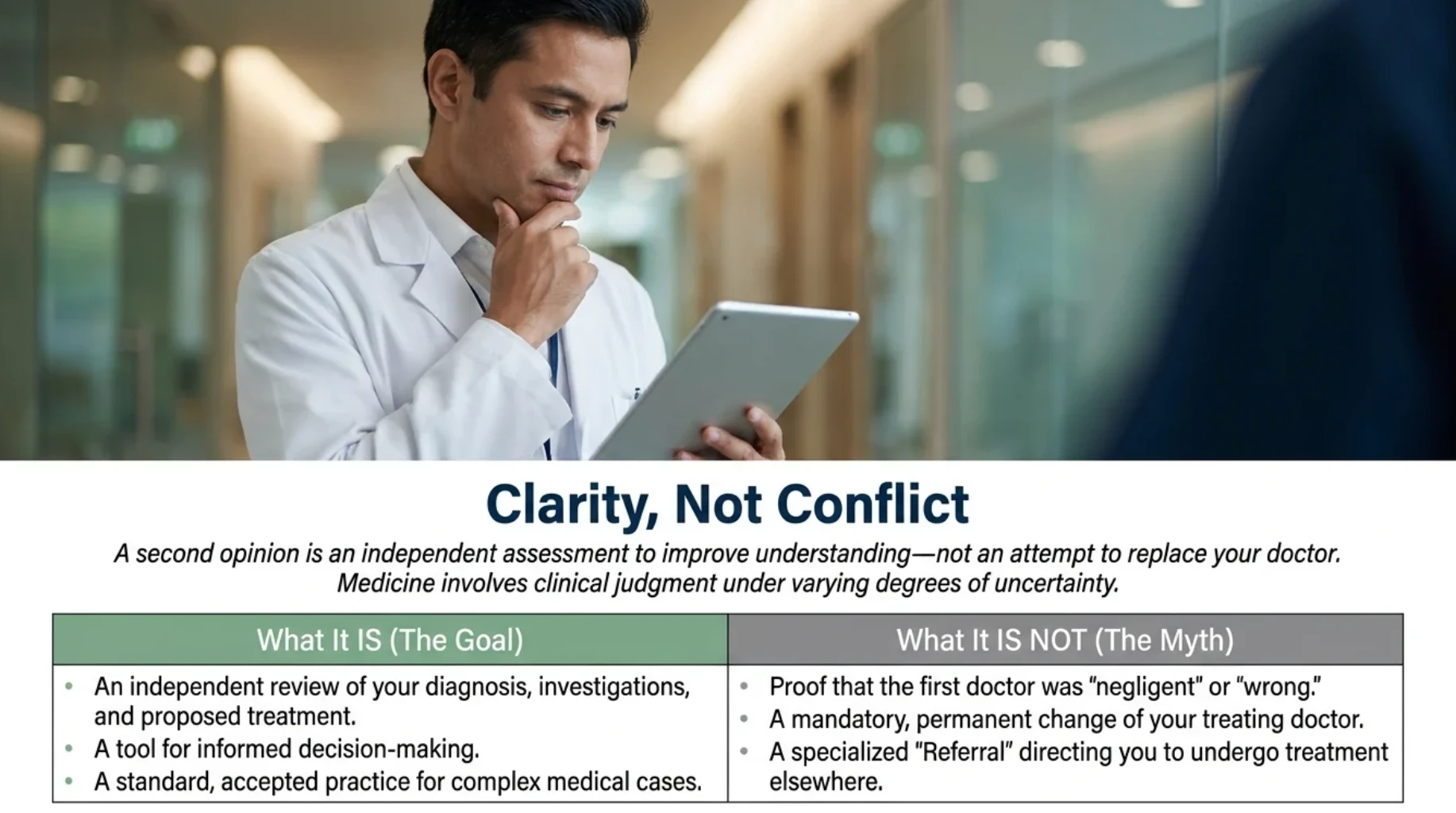 Doctor reviewing medical records on a tablet with an infographic explaining how an independent second medical opinion can clarify diagnosis, investigations and treatment options without replacing the treating physician
