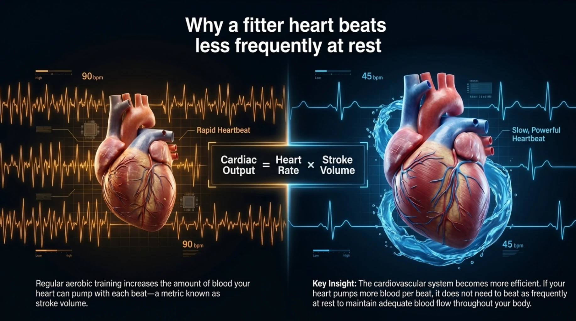 Aerobic training can increase stroke volume so the heart pumps more blood with each beat and may require fewer beats at rest