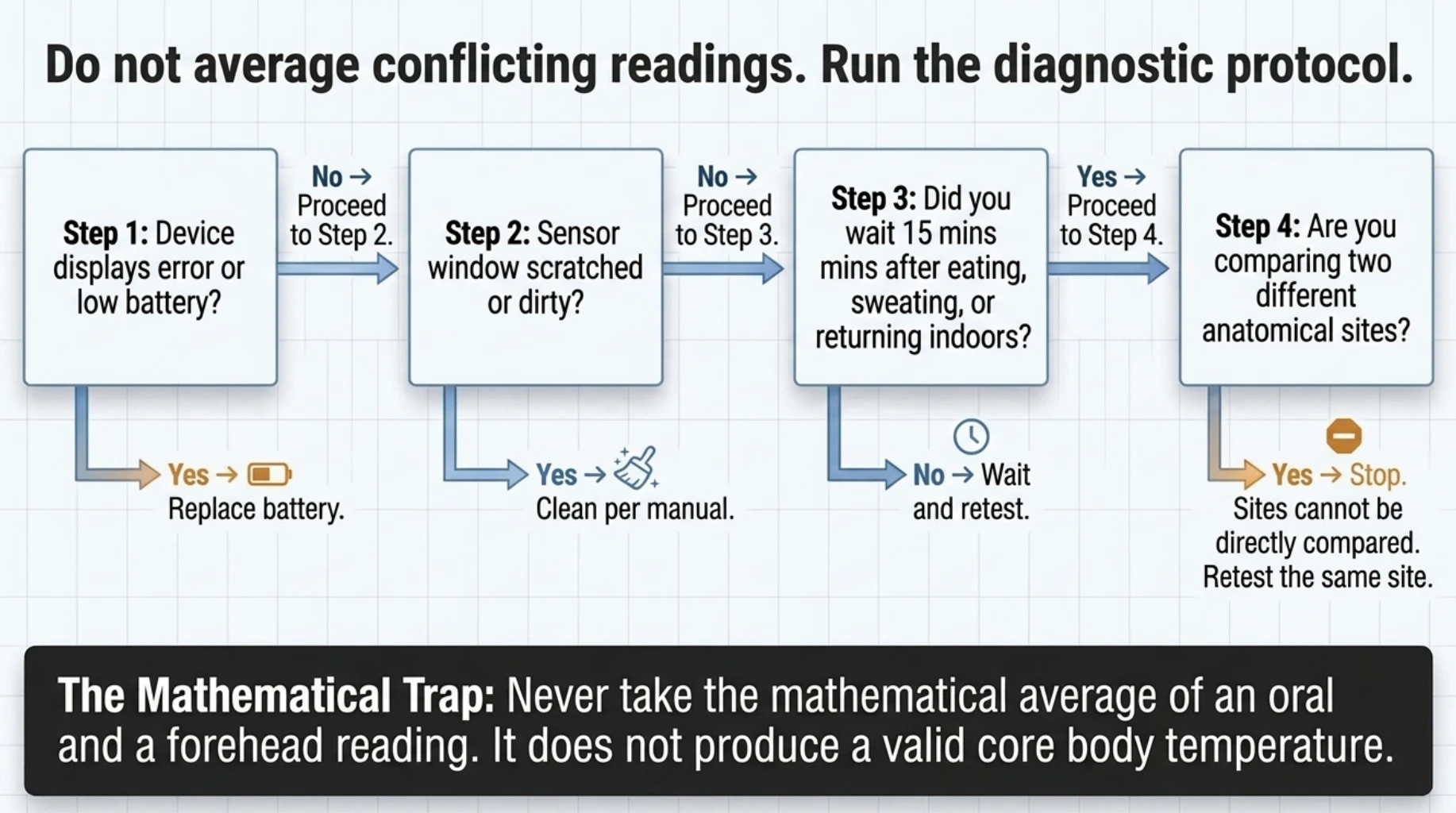 Step-by-step troubleshooting guide for inconsistent digital thermometer readings covering low battery, dirty sensors, recent eating or exercise and differences between anatomical measurement sites