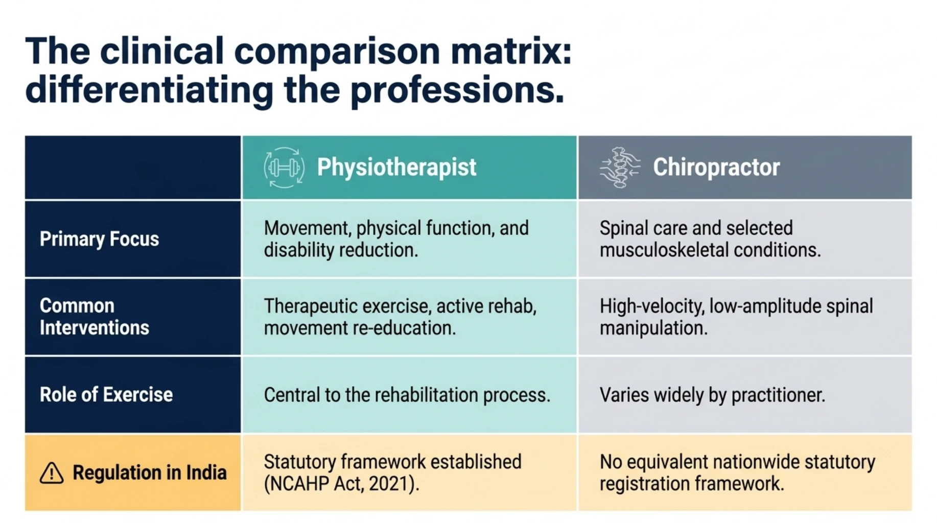 Clinical comparison of physiotherapists and chiropractors covering treatment focus, therapeutic exercises, spinal manipulation and professional regulation in India