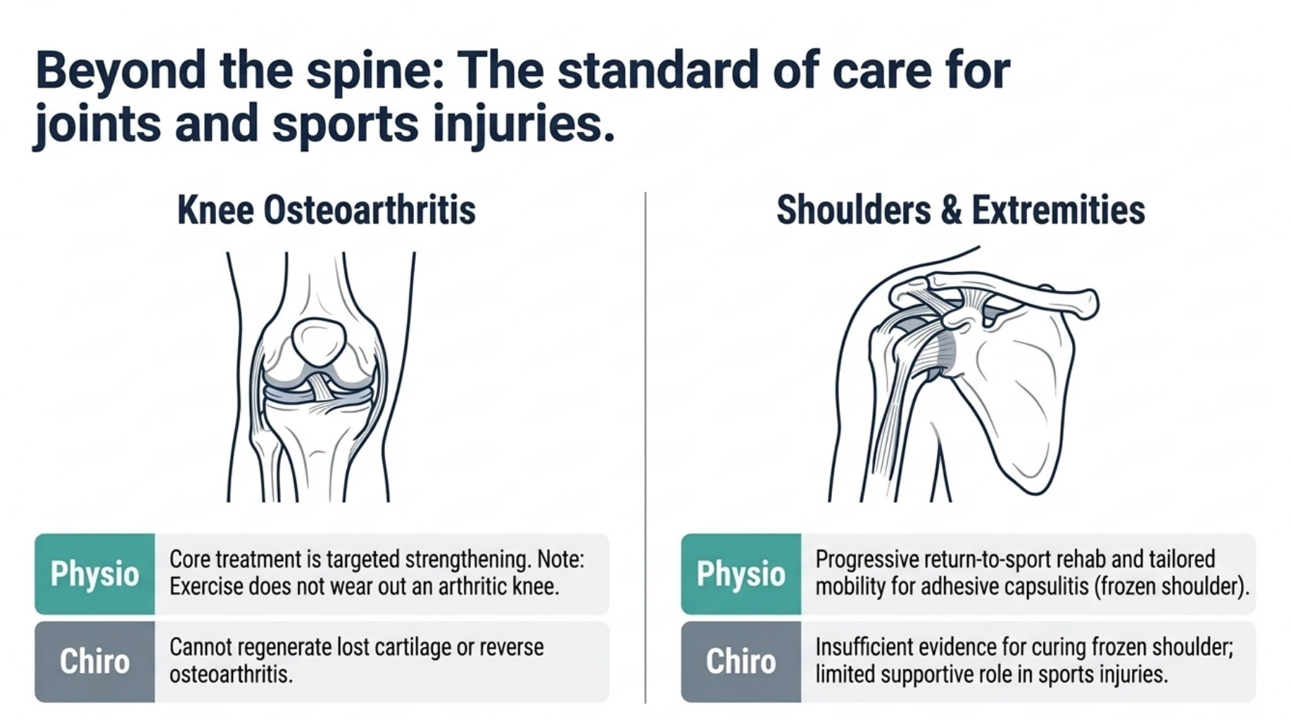 Comparison of physiotherapy and chiropractic treatment for knee osteoarthritis, shoulder pain and sports injuries, highlighting strengthening exercises and progressive rehabilitation