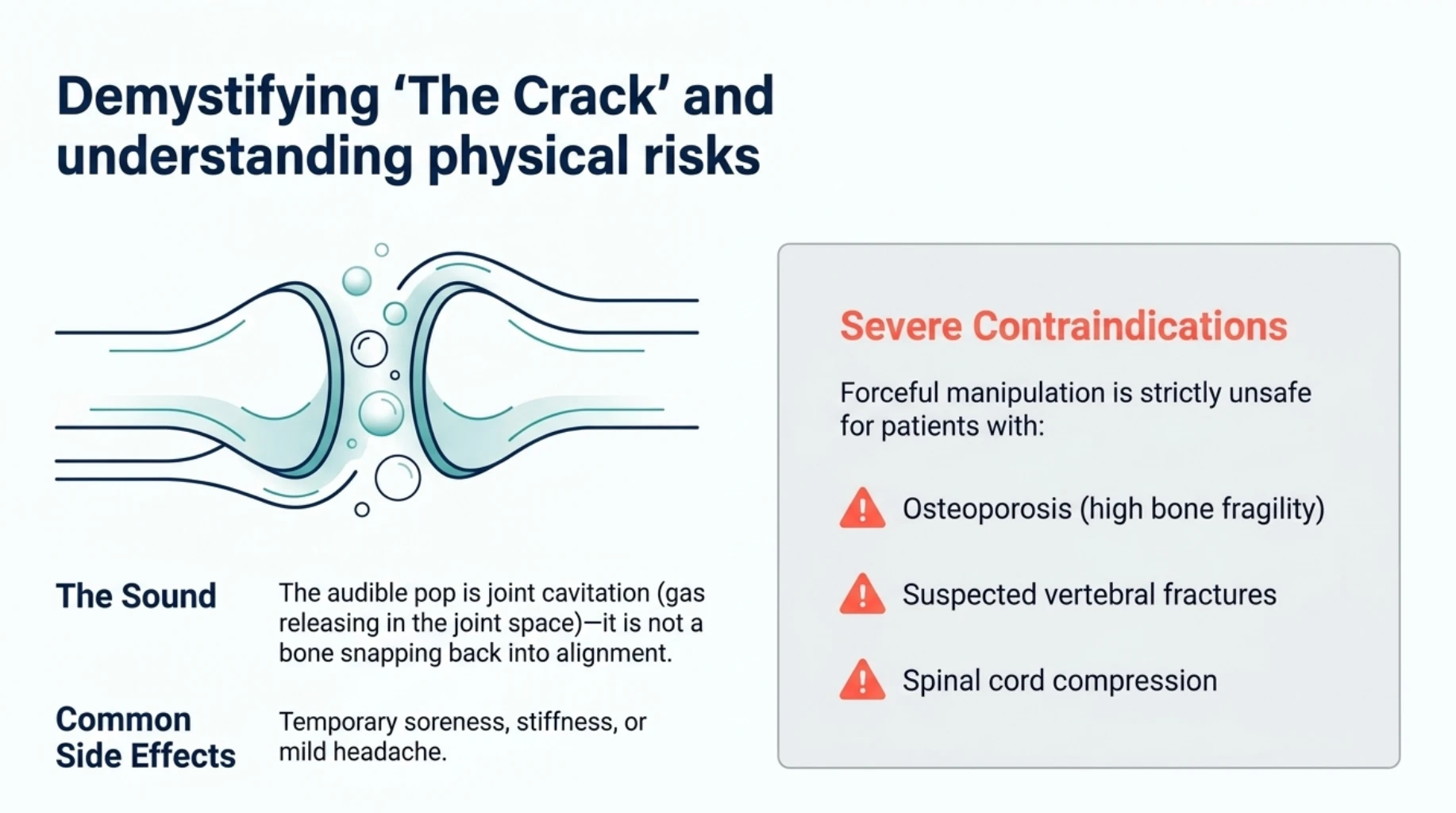 Explanation of the cracking sound during spinal manipulation caused by joint cavitation, alongside safety precautions for osteoporosis, suspected fractures and spinal cord compression