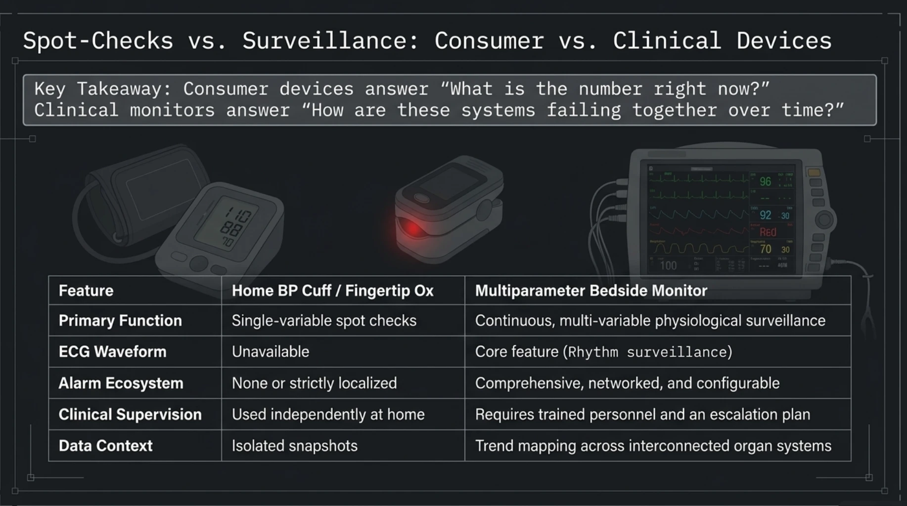 Comparison of home blood pressure monitors and fingertip pulse oximeters with hospital multiparameter monitors for continuous ECG, oxygen saturation, blood pressure and respiratory monitoring