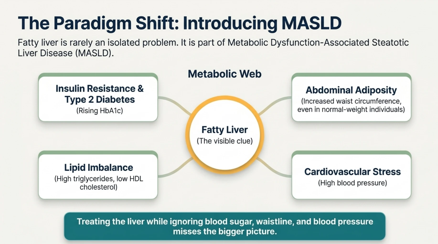 Infographic showing how Grade 1 fatty liver is associated with insulin resistance, type 2 diabetes, abdominal obesity, abnormal cholesterol and high blood pressure
