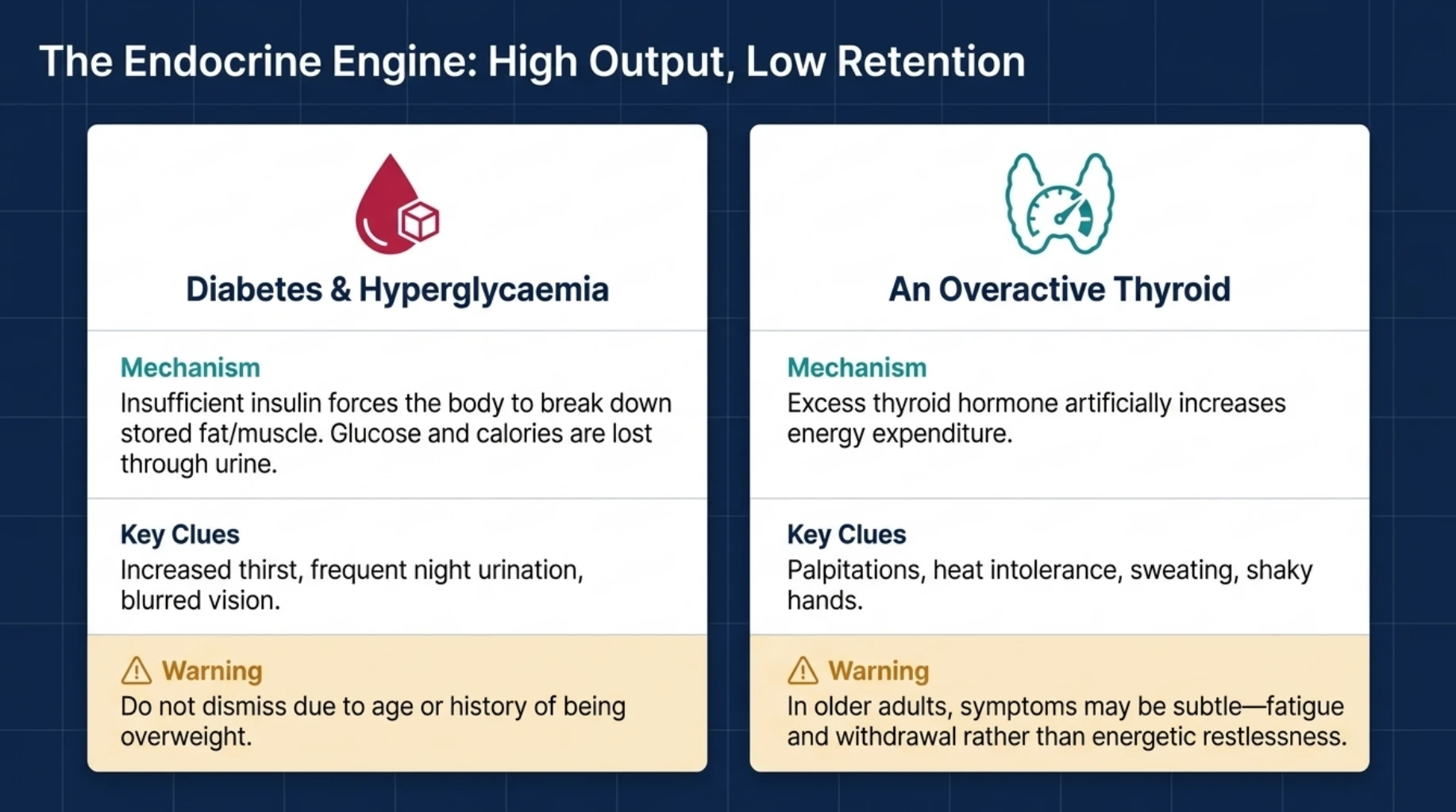 Comparison of uncontrolled diabetes and hyperthyroidism as causes of unexplained weight loss, including excessive thirst, frequent urination, palpitations, sweating and heat intolerance