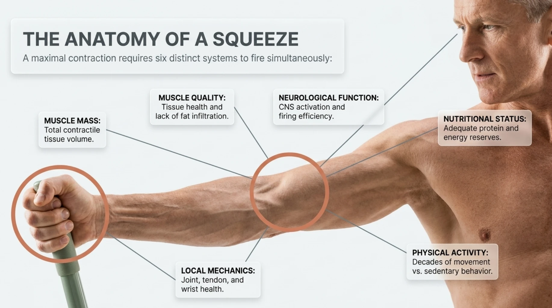 Grip strength depends on muscle mass, muscle quality, neurological function, nutritional status, joint health and overall physical activity