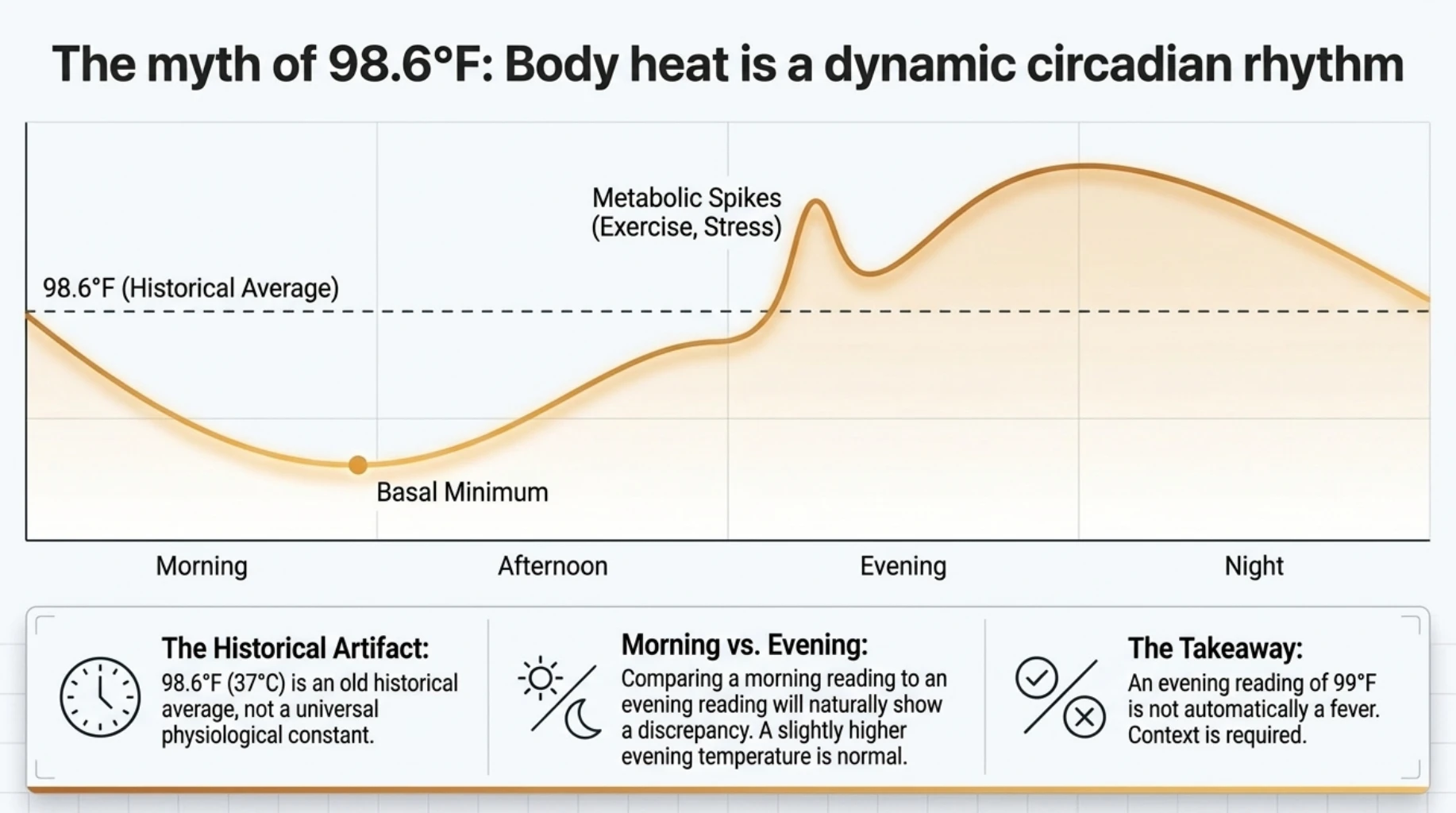 Daily body temperature variation chart showing lower morning temperatures, higher evening readings and temporary temperature changes associated with exercise and stress