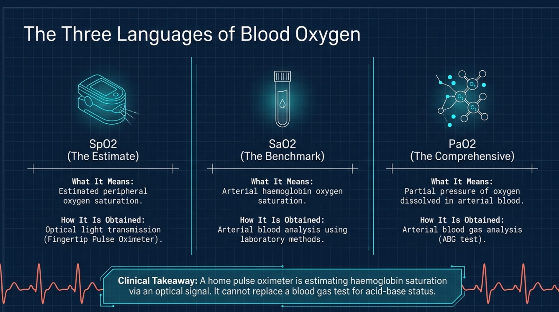 Comparison of SpO2, SaO2 and PaO2 showing the differences between estimated oxygen saturation from a pulse oximeter, arterial oxygen saturation and arterial oxygen partial pressure