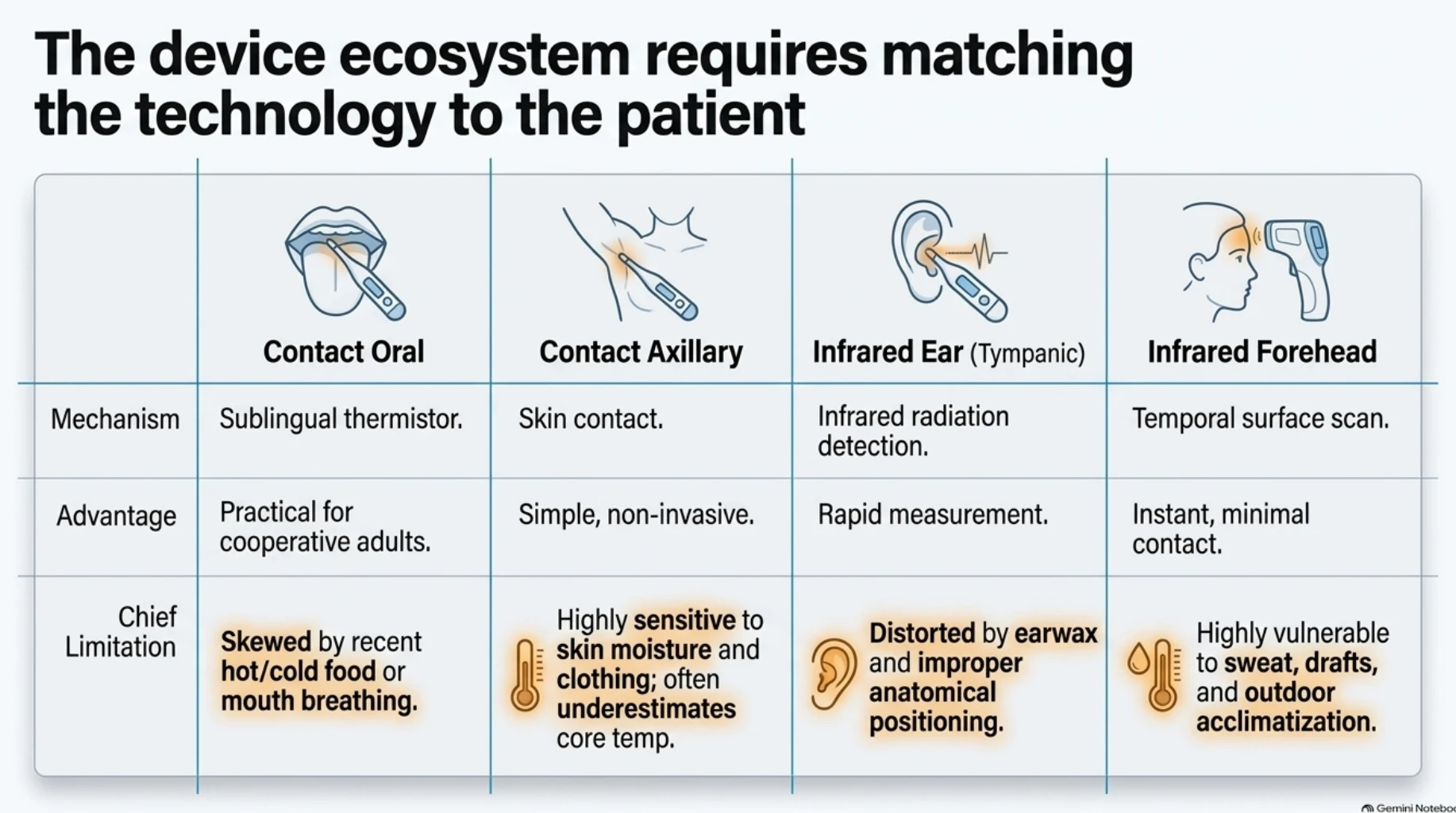 Comparison of oral, underarm, infrared ear and forehead thermometers showing their measurement methods, advantages and common limitations affecting temperature accuracy
