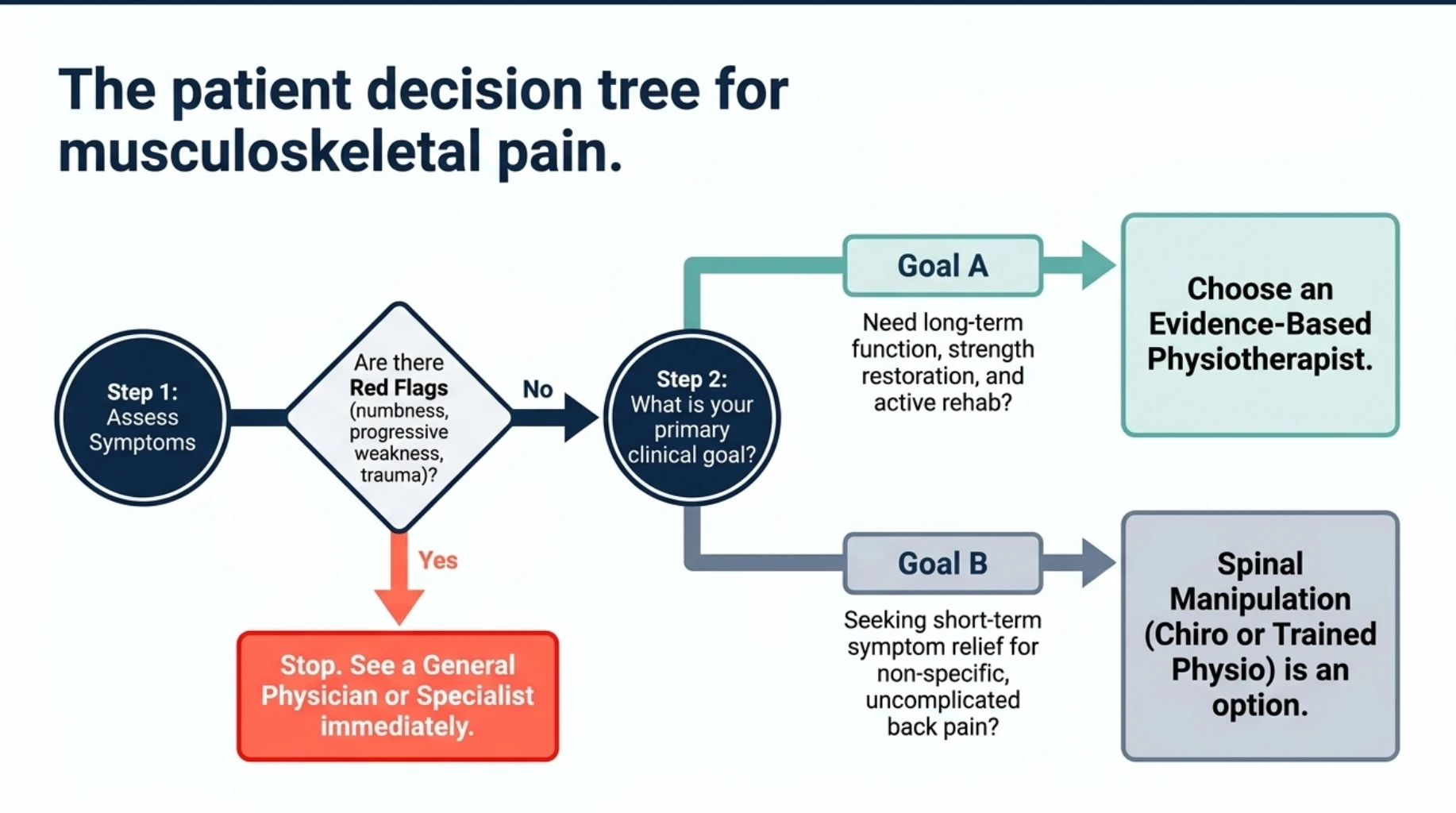 Decision flowchart for musculoskeletal pain showing when to seek urgent medical evaluation, choose physiotherapy for long-term rehabilitation or consider spinal manipulation for short-term symptom relief
