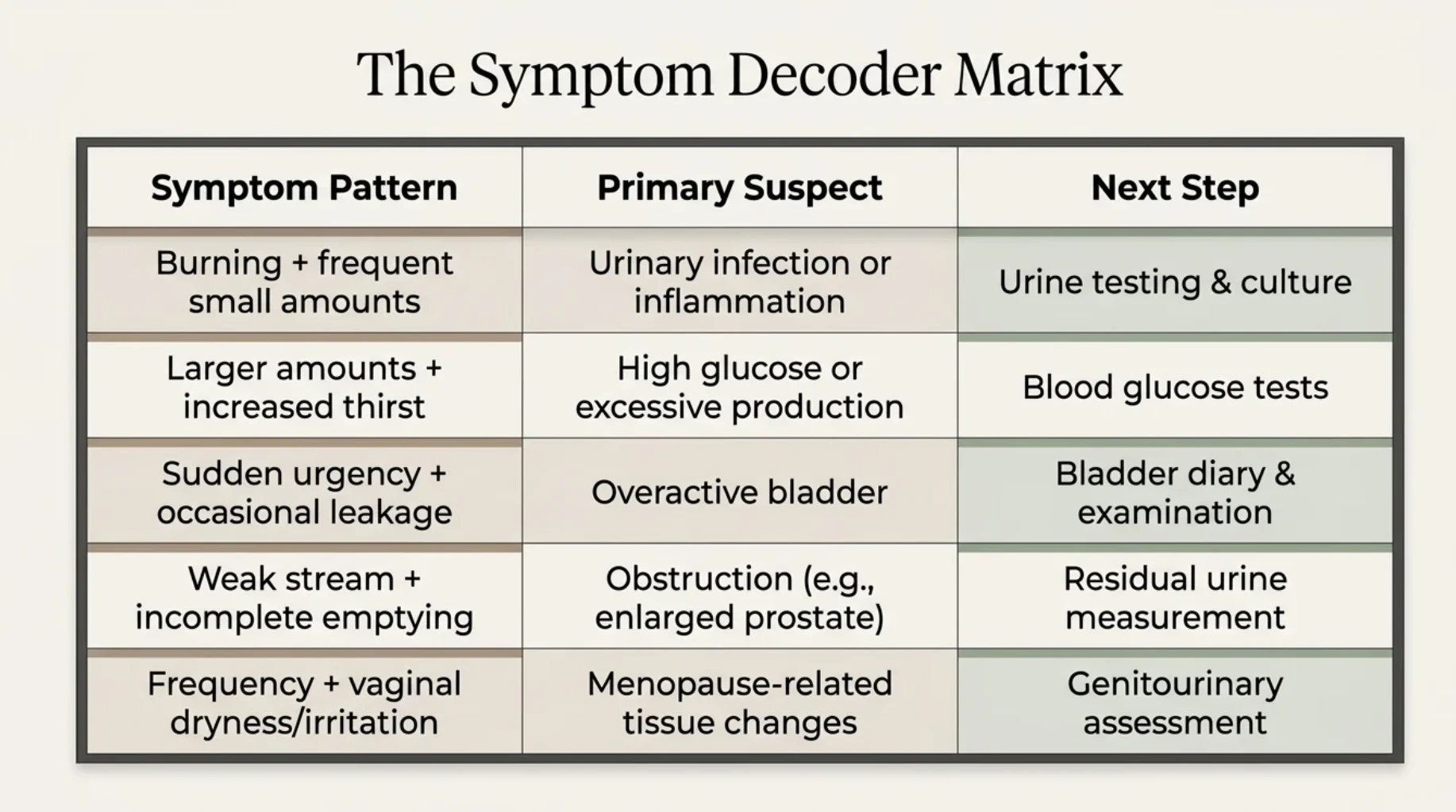 Symptom comparison chart linking burning urination, excessive thirst, sudden urgency, weak urine stream and vaginal dryness with possible causes and appropriate diagnostic investigations