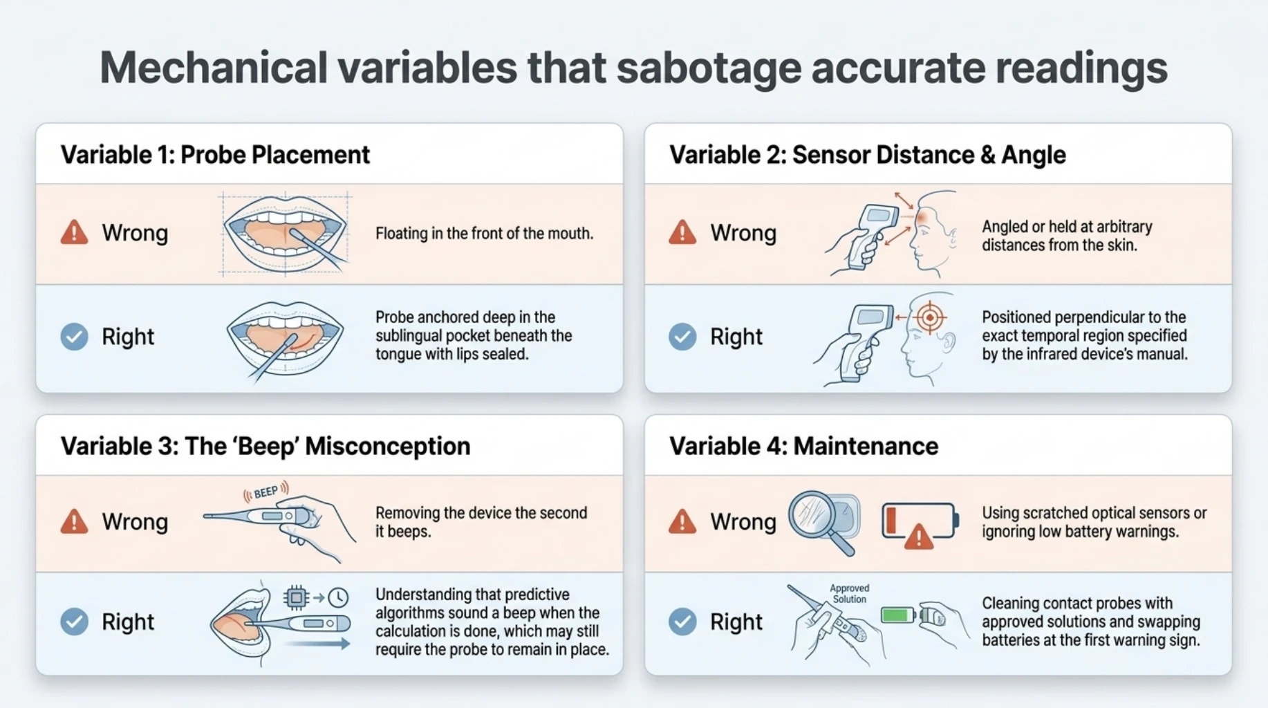 Four common digital thermometer measurement errors involving incorrect oral probe placement, improper infrared sensor angle, misunderstanding the beep and poor sensor maintenance