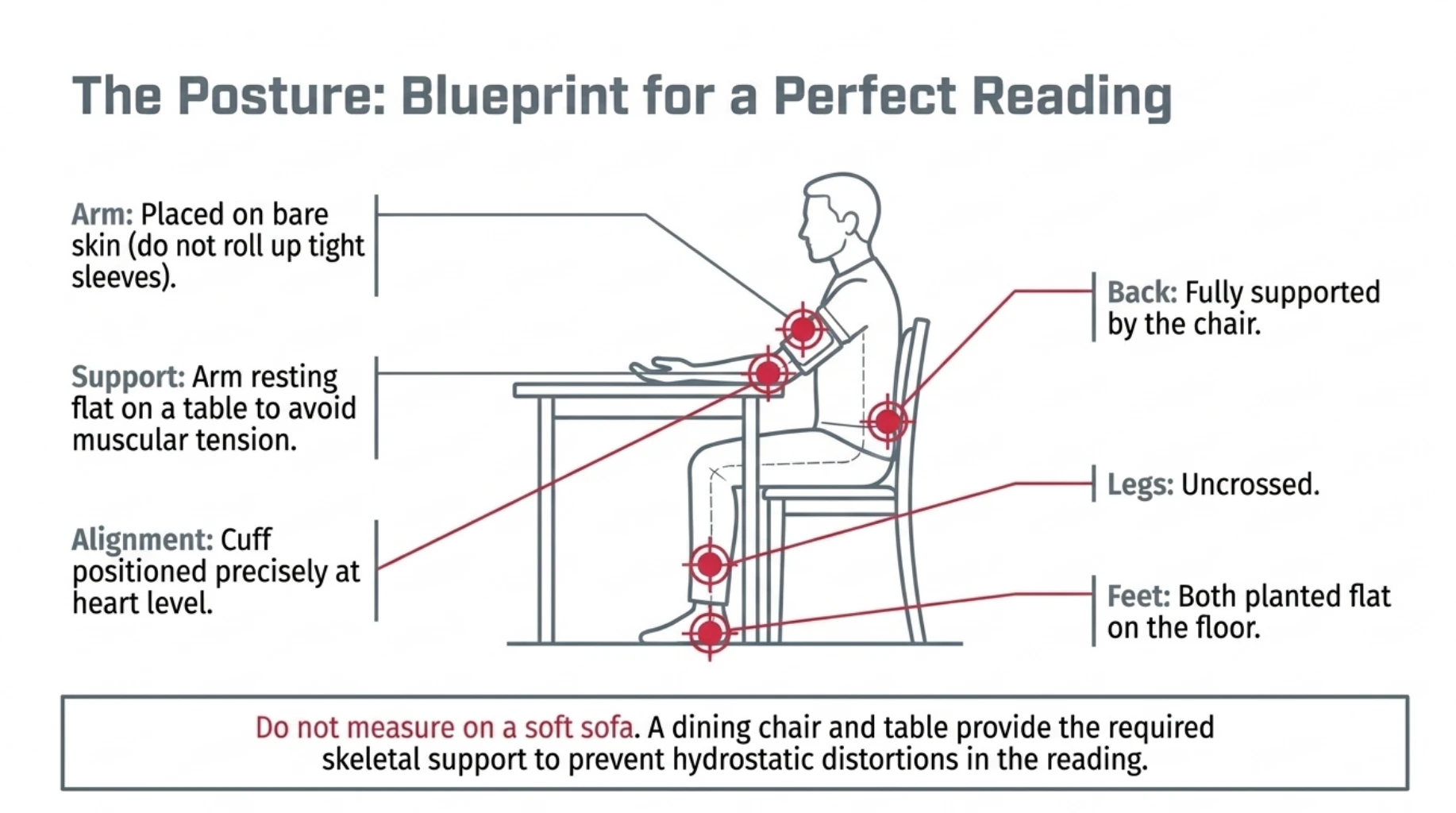 Correct position for measuring blood pressure at home with back supported, feet flat, legs uncrossed, arm supported and cuff positioned at heart level