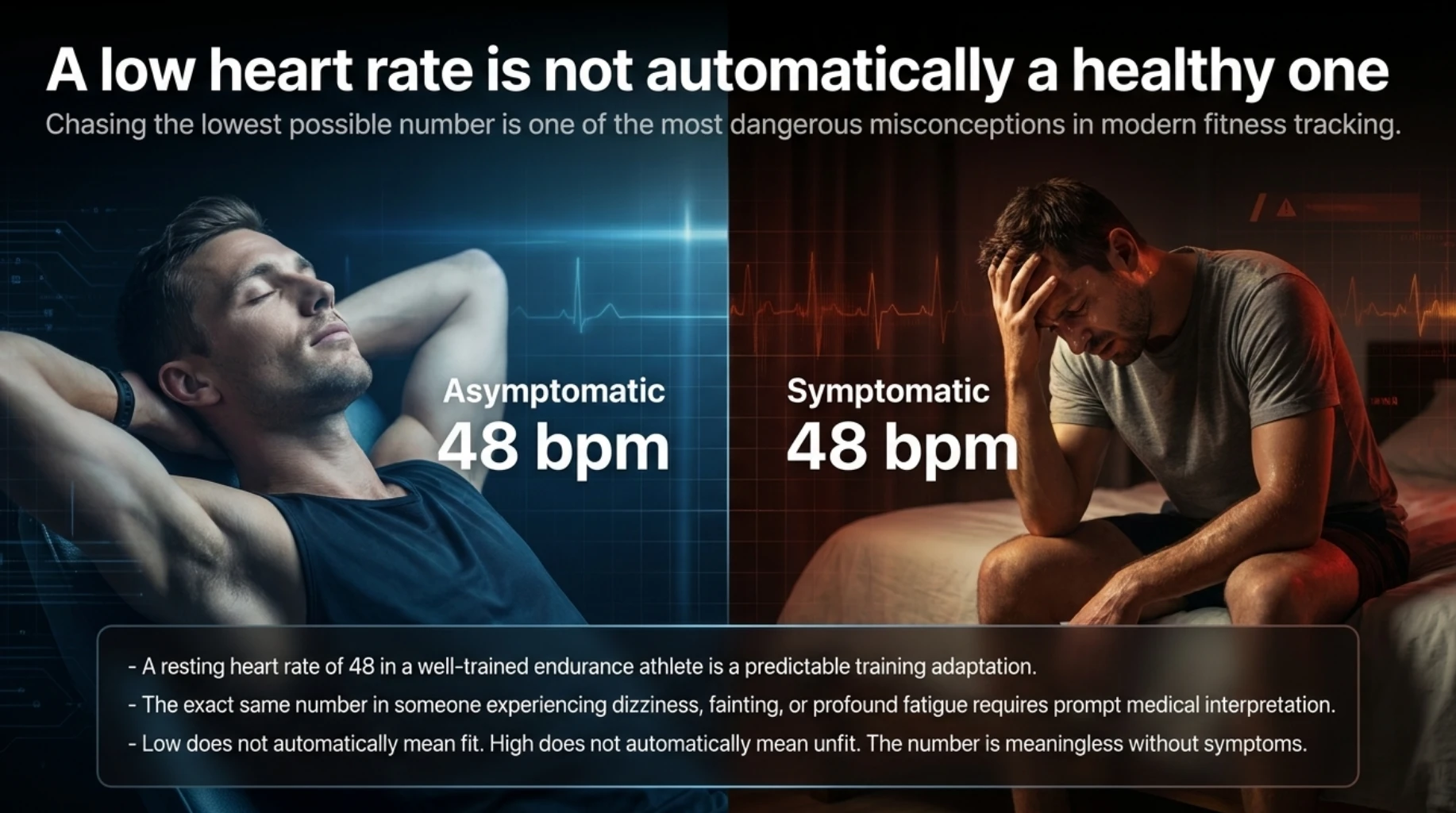 A low resting heart rate may be a normal training adaptation in a fit person but requires medical assessment when accompanied by dizziness, fainting or profound fatigue