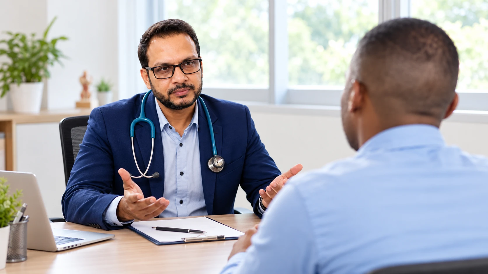 Doctor discussing a second medical opinion and treatment options with a patient during consultation