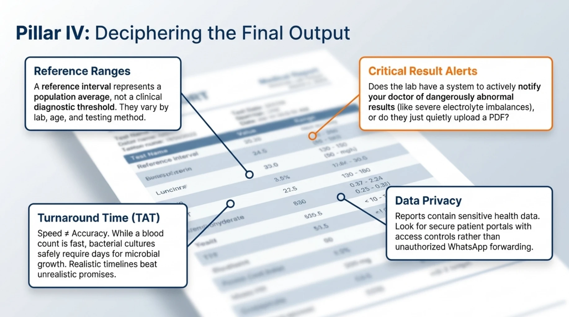 Important features of a reliable pathology laboratory report including reference ranges, critical result alerts, realistic turnaround times and secure handling of patient information