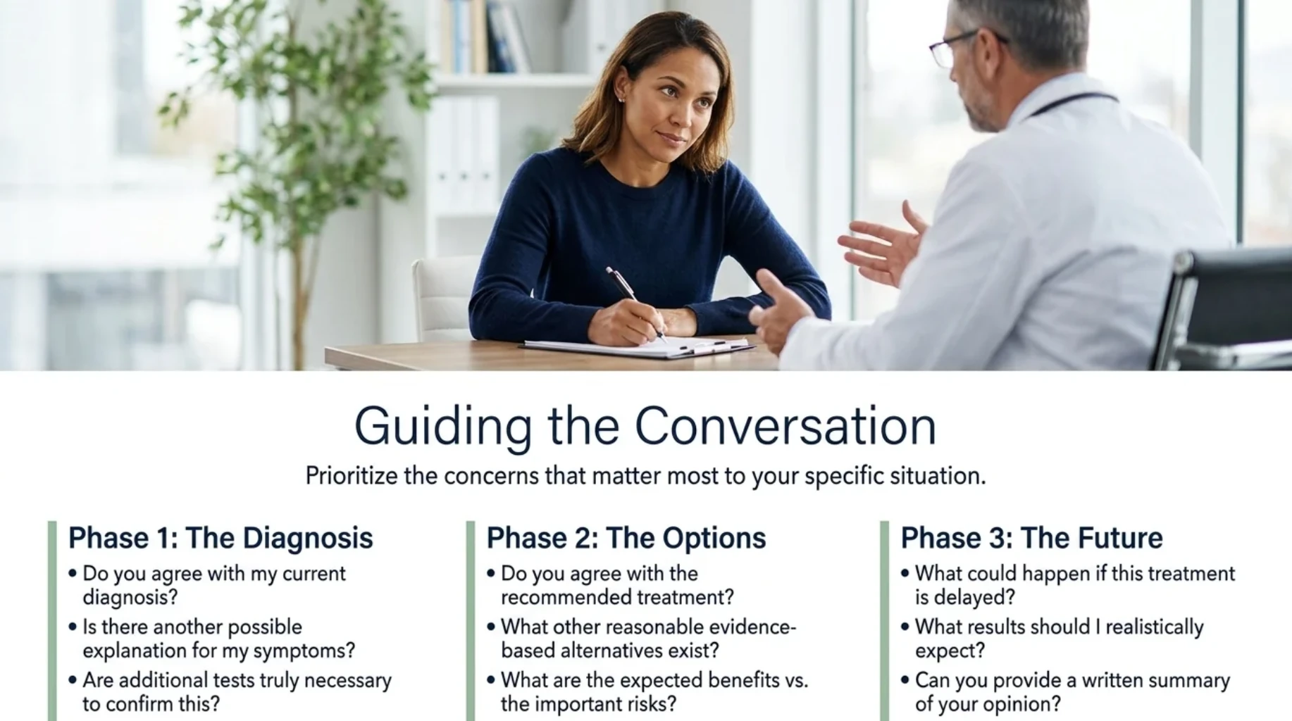 Patient discussing treatment with a doctor, accompanied by questions about diagnosis, alternative treatments, expected benefits, potential risks and consequences of delaying treatment