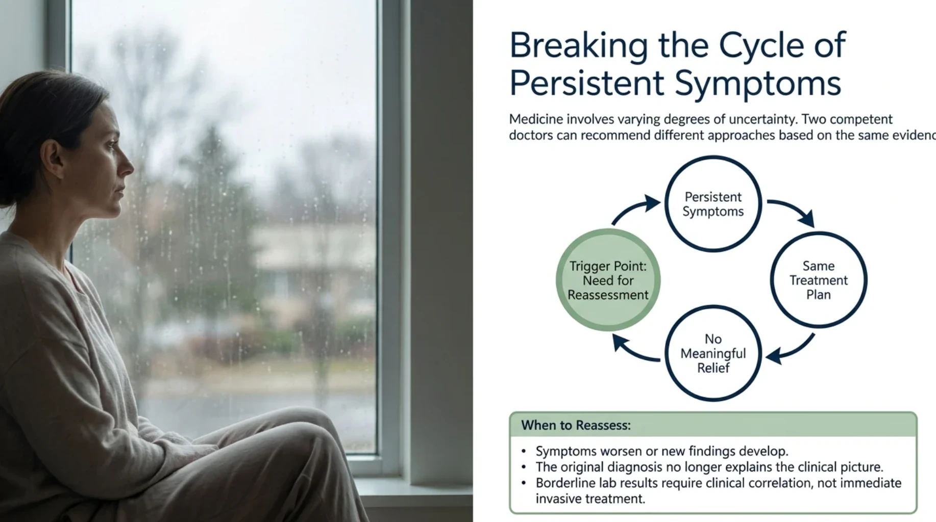 Patient experiencing persistent symptoms alongside a clinical flowchart showing repeated treatment without improvement and when medical reassessment or a second opinion may be appropriate