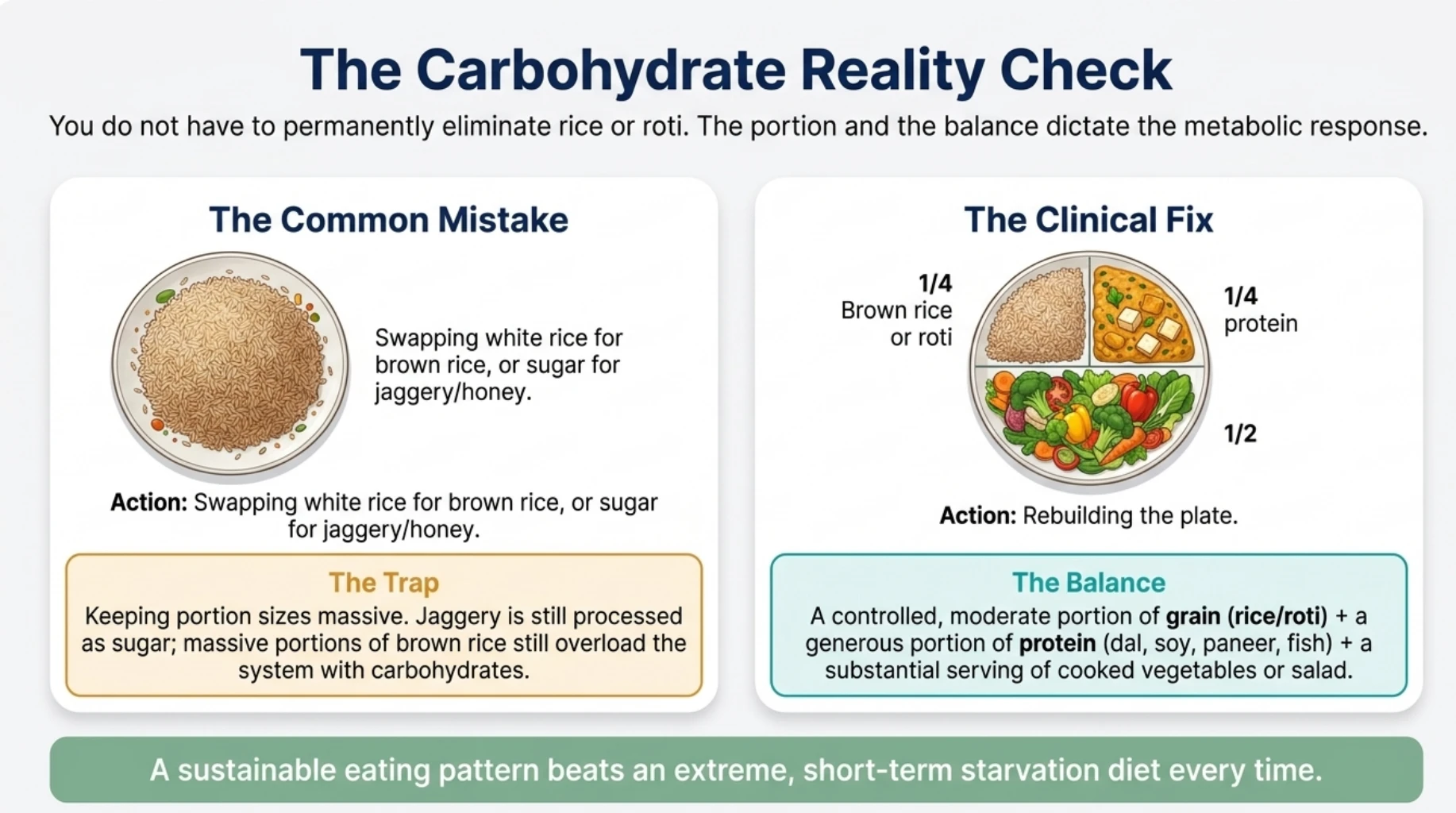 Comparison of a carbohydrate-heavy Indian meal with a balanced fatty liver diet plate containing vegetables, protein and controlled portions of rice or roti