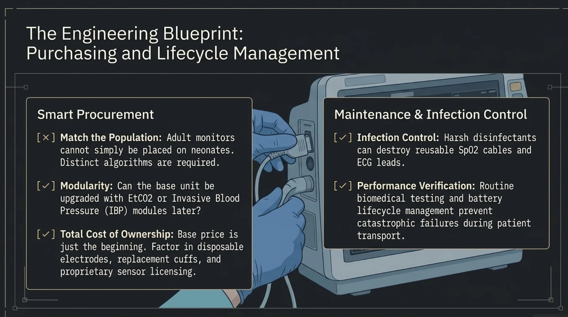 Multiparameter patient monitor maintenance and purchasing checklist covering device compatibility, modular upgrades, infection control, biomedical testing and replacement of sensors and accessories