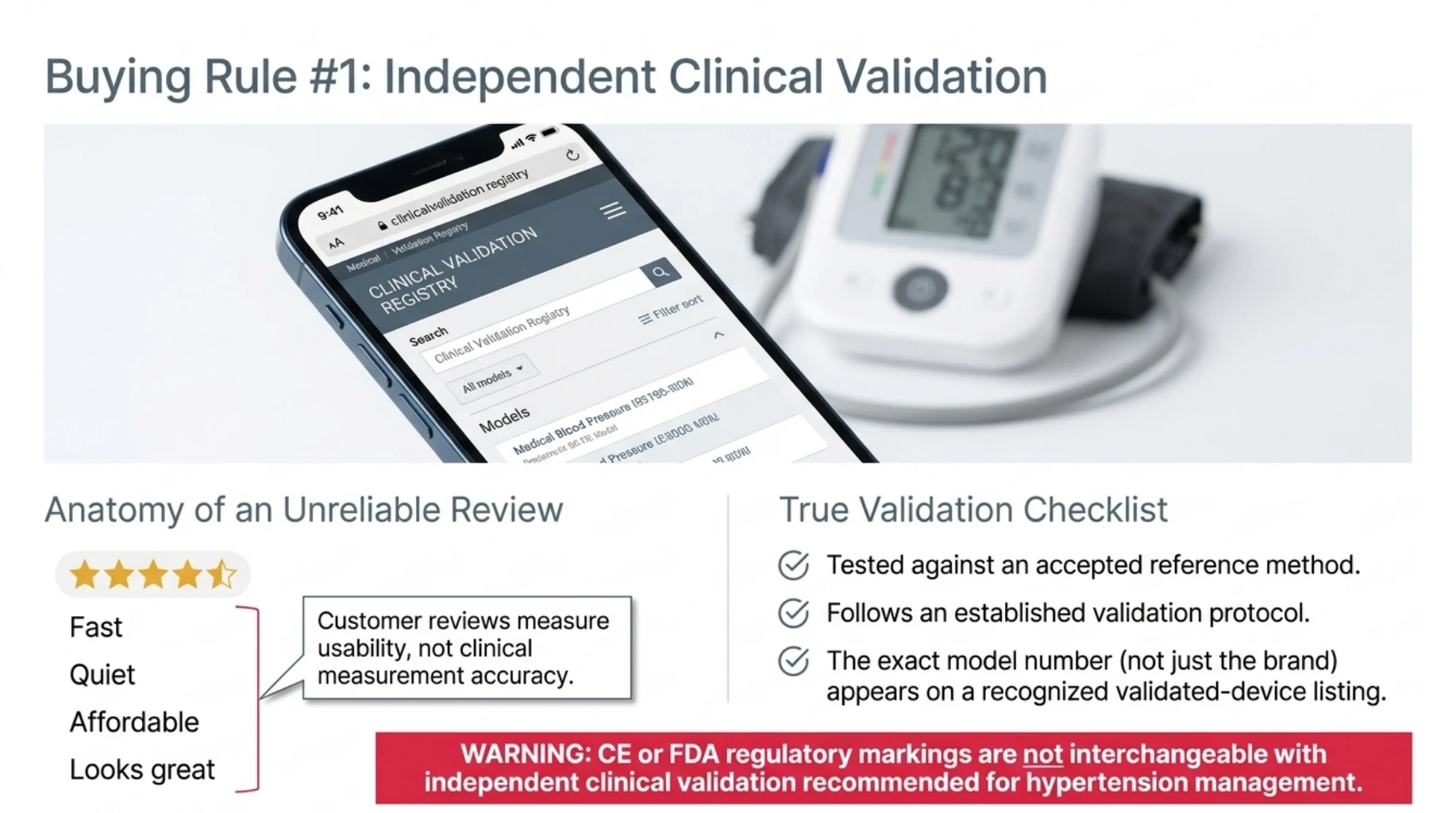 Choosing a home blood pressure monitor based on independent clinical validation rather than customer reviews, appearance or regulatory markings alone