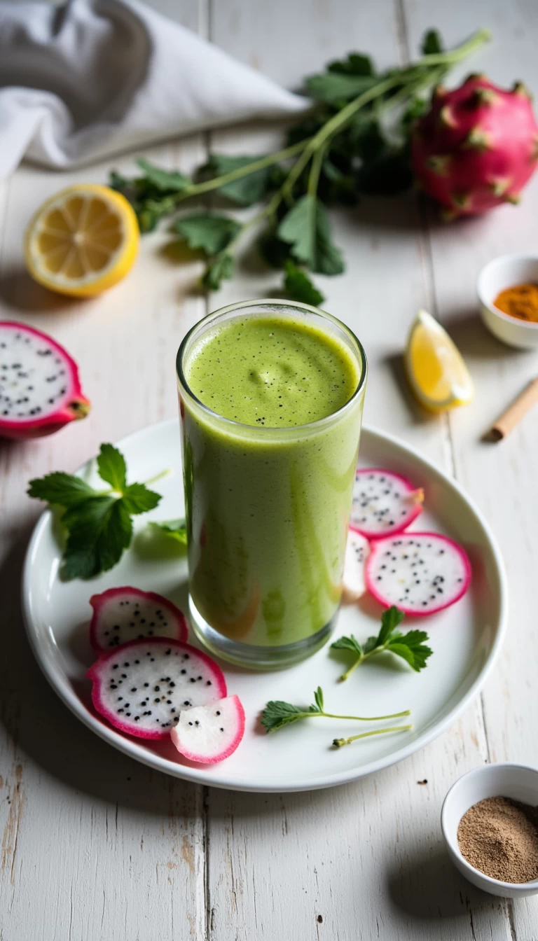 Radish leaves and dragon fruit green smoothie