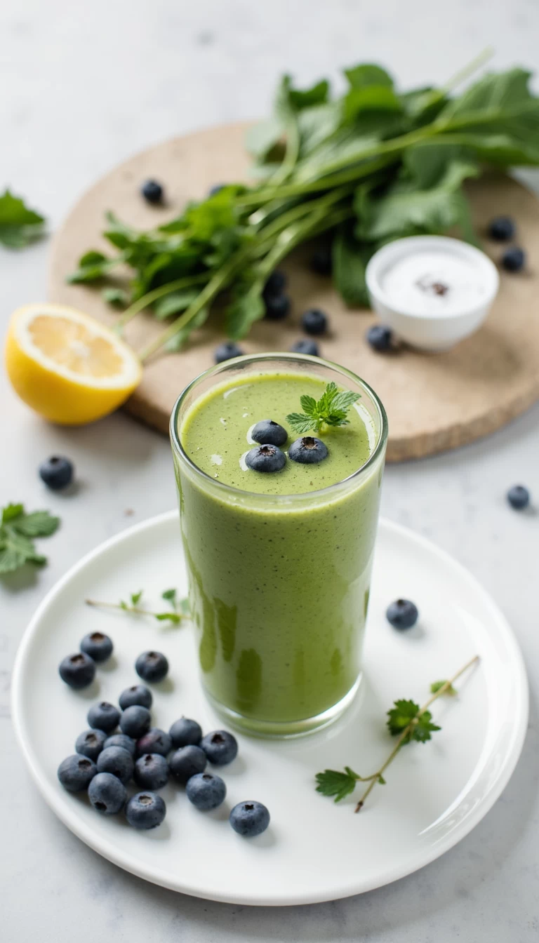 Radish leaves and blueberries green smoothie