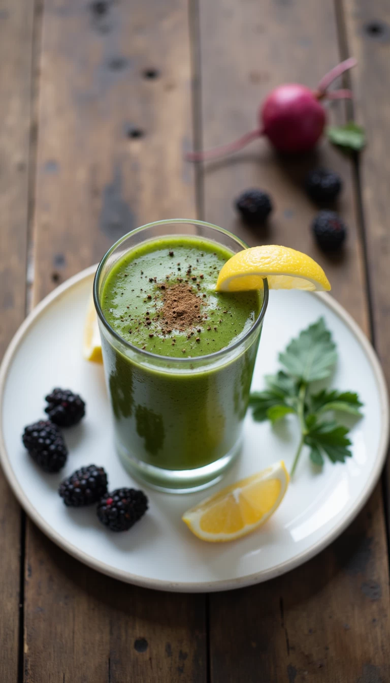 Radish leaves and blackberries green smoothie