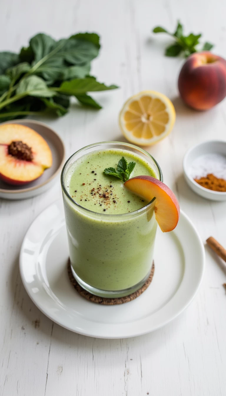 Radish leaves and peach green smoothie