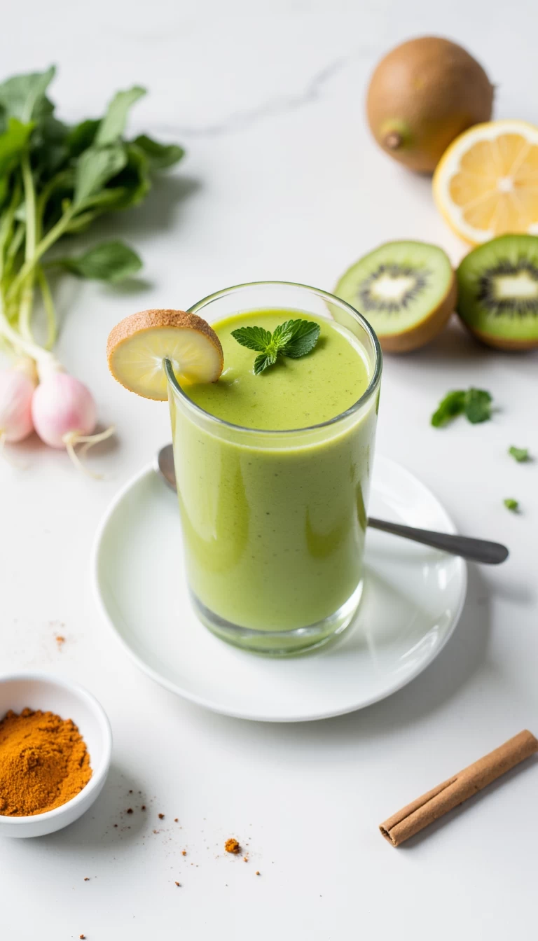 Radish leaves and kiwi green smoothie