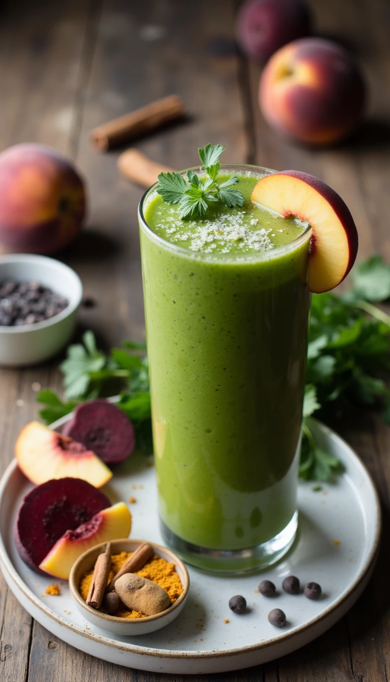 Beetroot leaves and peach green smoothie