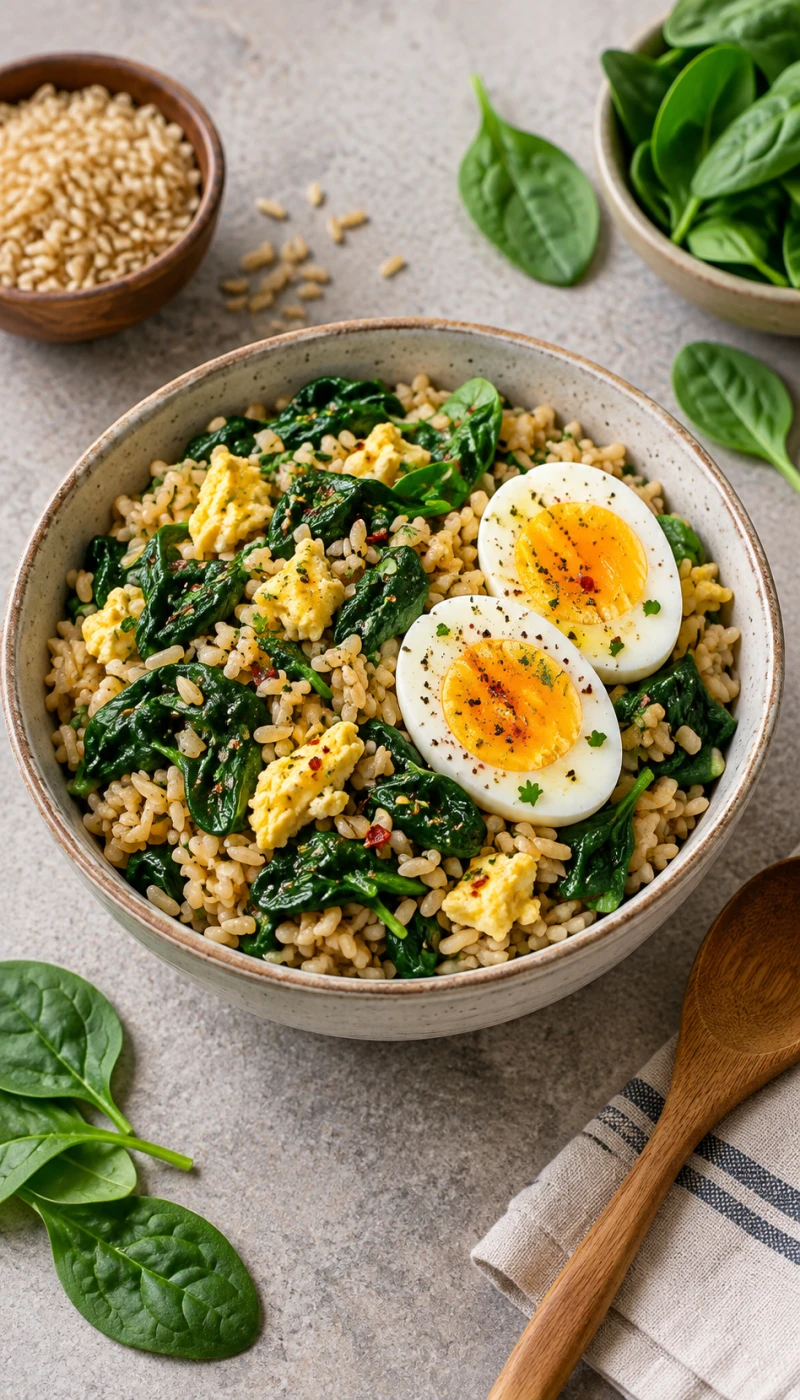 Spinach Egg Brown Rice Bowl
