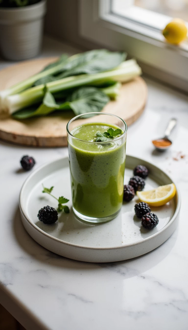 Bokchoy and blackberries green smoothie