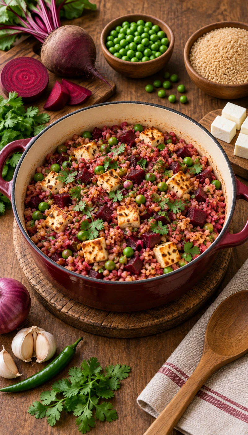 Beetroot and Green Peas Paneer Dalia