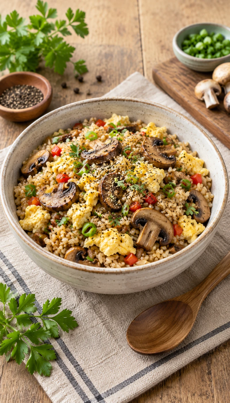 Mushroom Pepper Egg Brown Rice Bowl