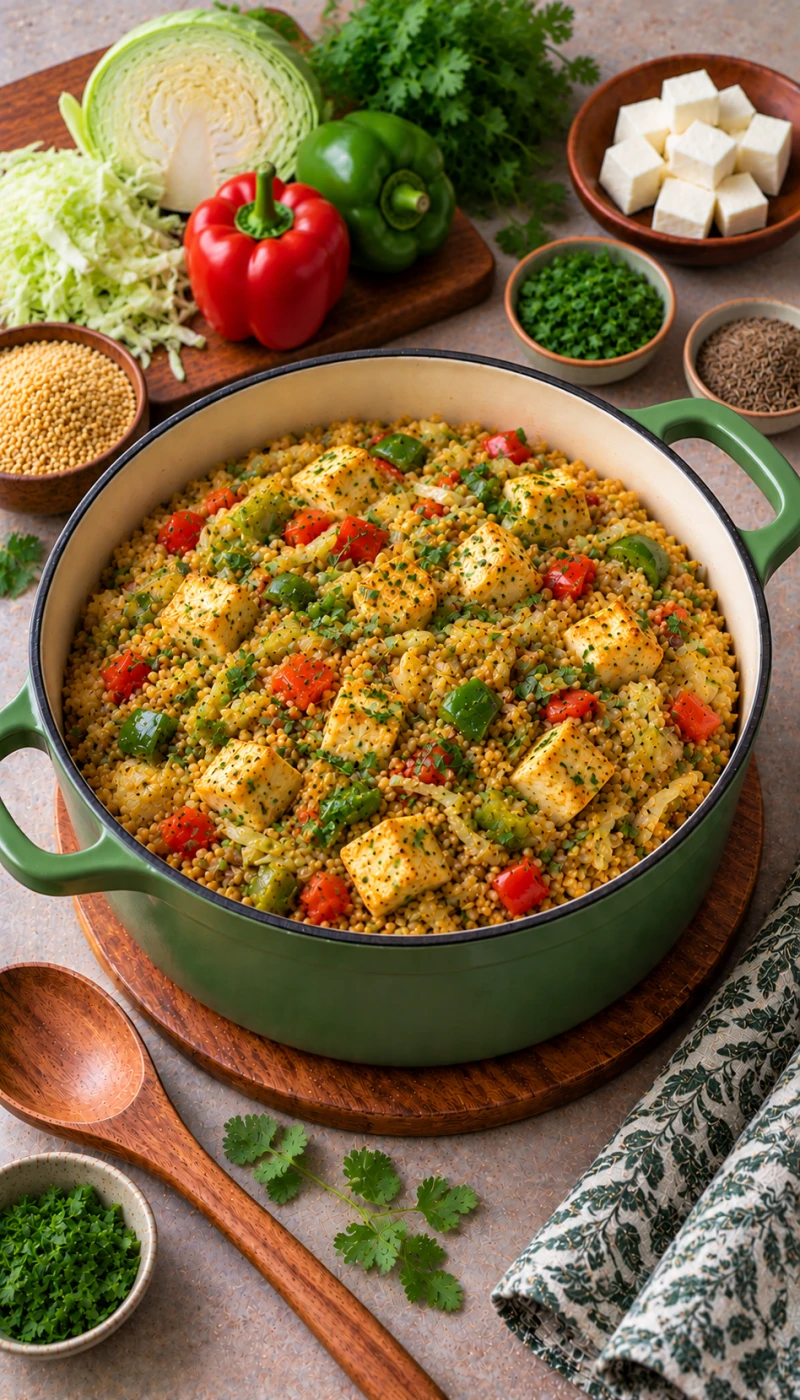Cabbage and Capsicum Paneer Dalia