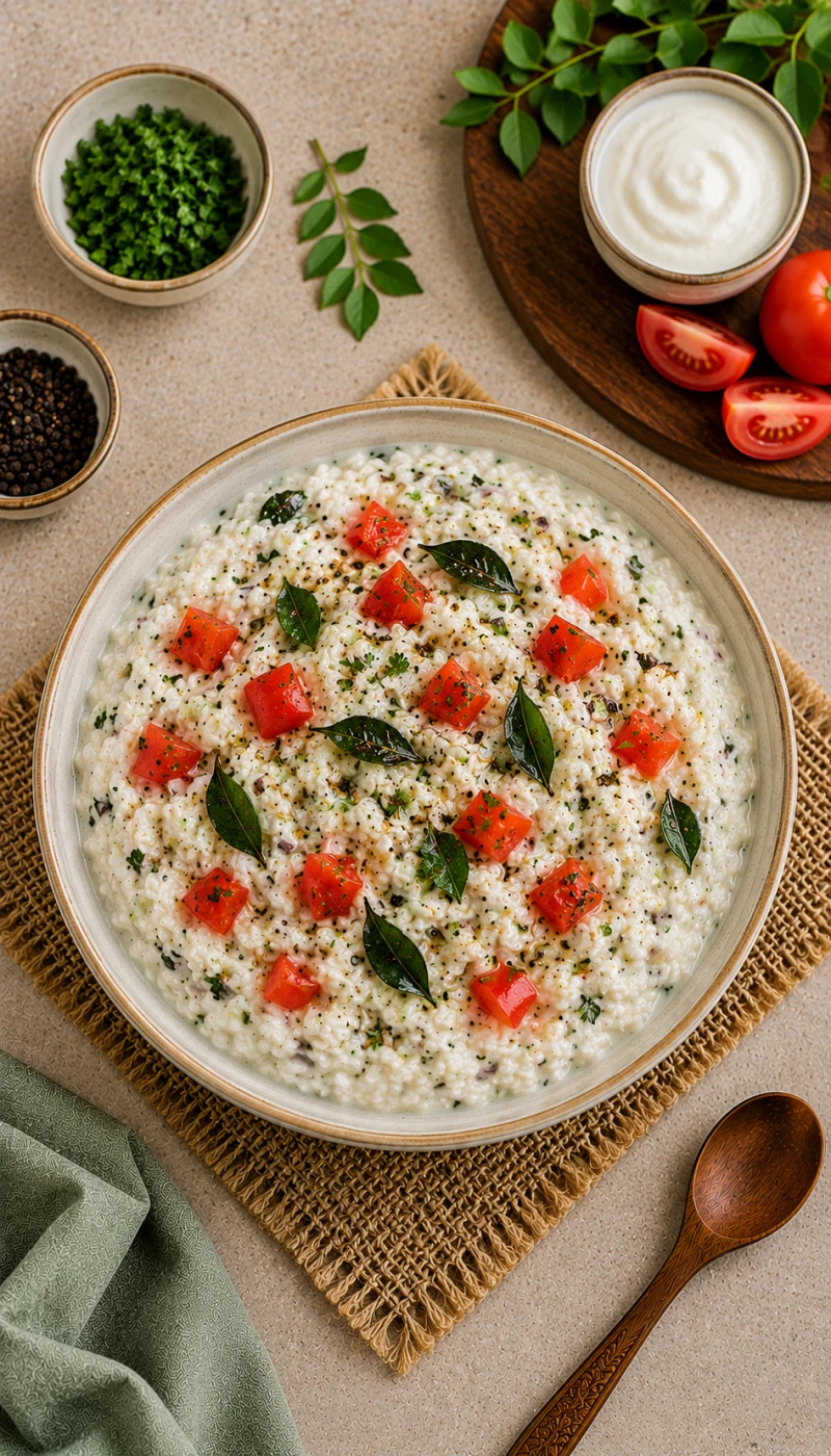 Tomato and Curry Leaf Tadka Curd Rice